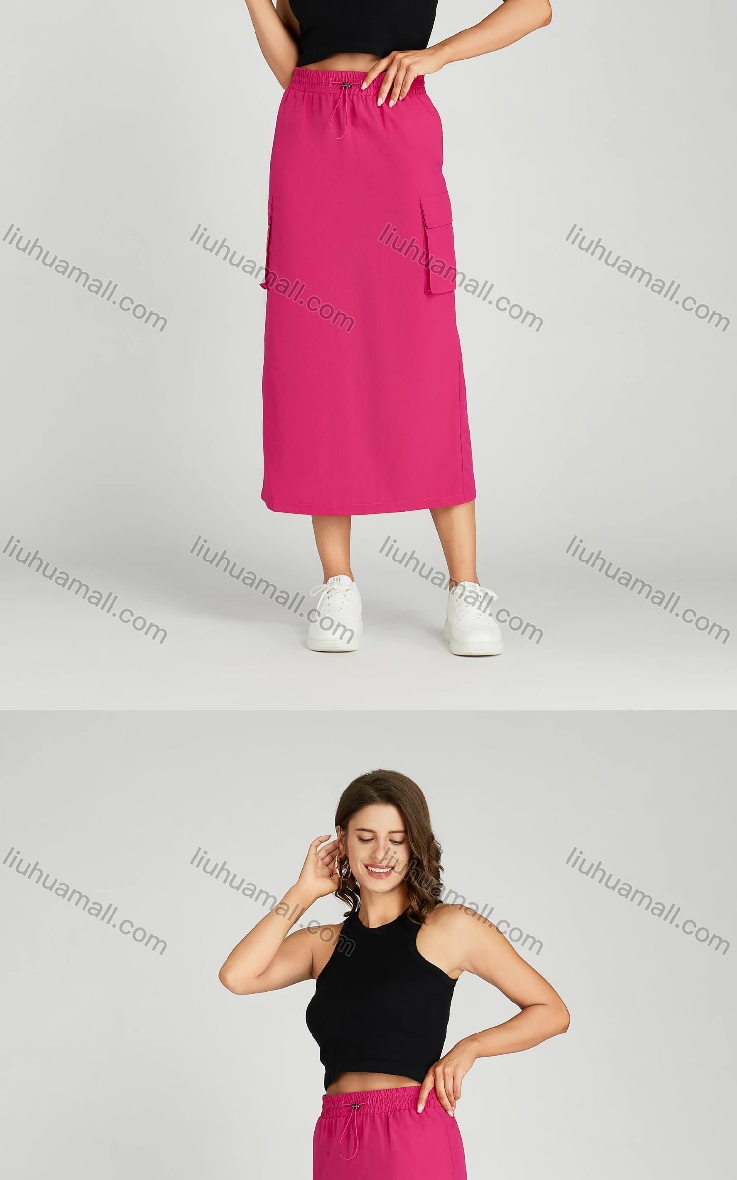 Wholesale Women's Casual Elastic Waist Pocket Drawstring Plain Midi Skirt MT305# - Liuhuamall