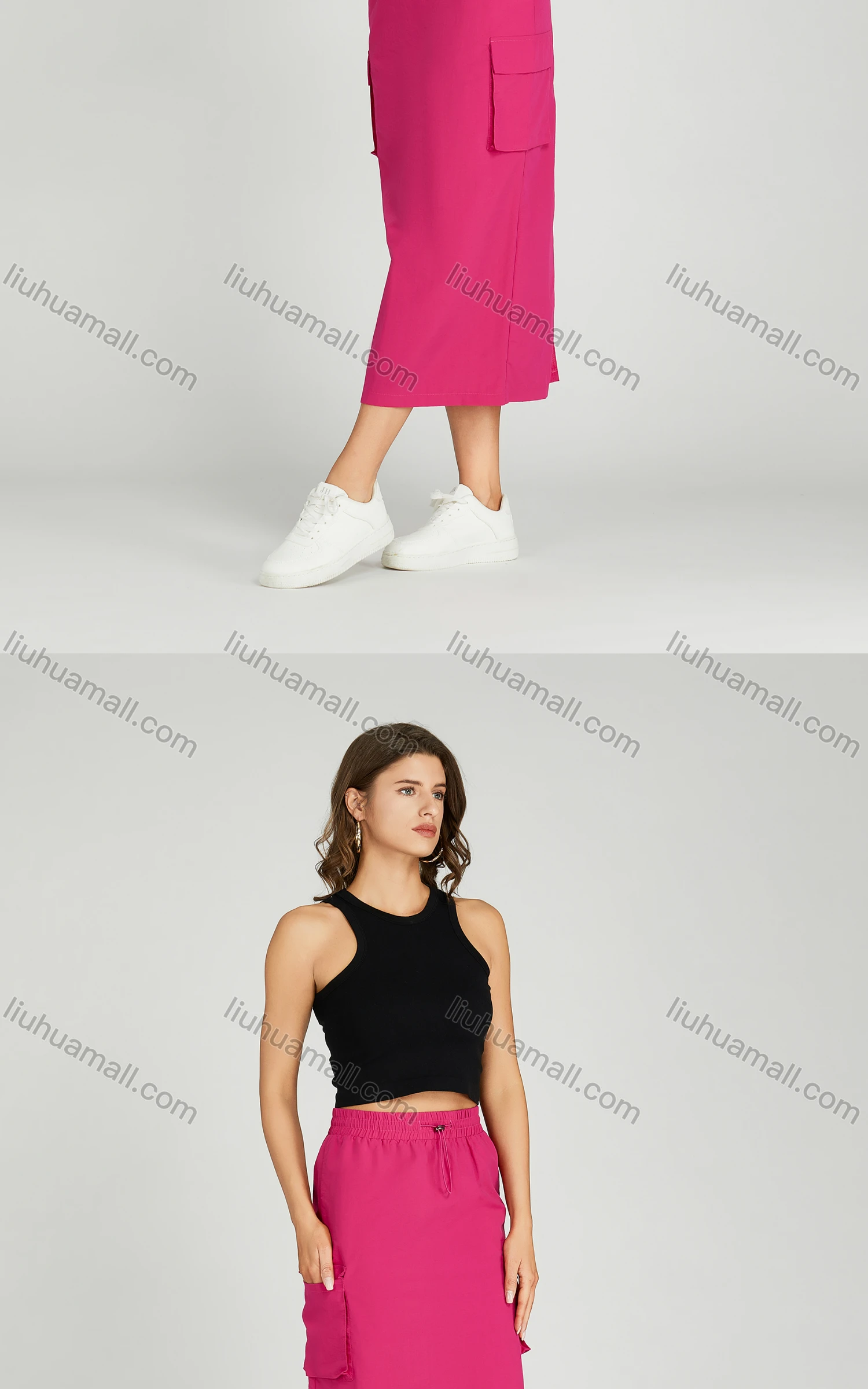 Wholesale Women's Casual Elastic Waist Pocket Drawstring Plain Midi Skirt MT305# - Liuhuamall