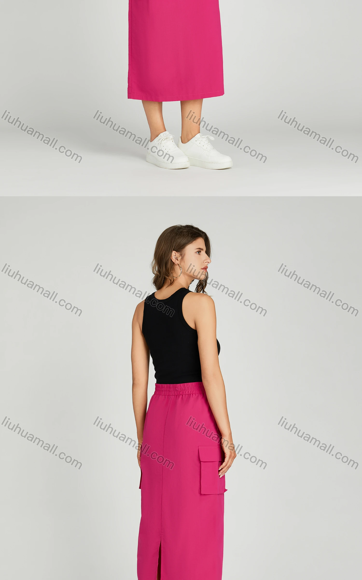 Wholesale Women's Casual Elastic Waist Pocket Drawstring Plain Midi Skirt MT305# - Liuhuamall