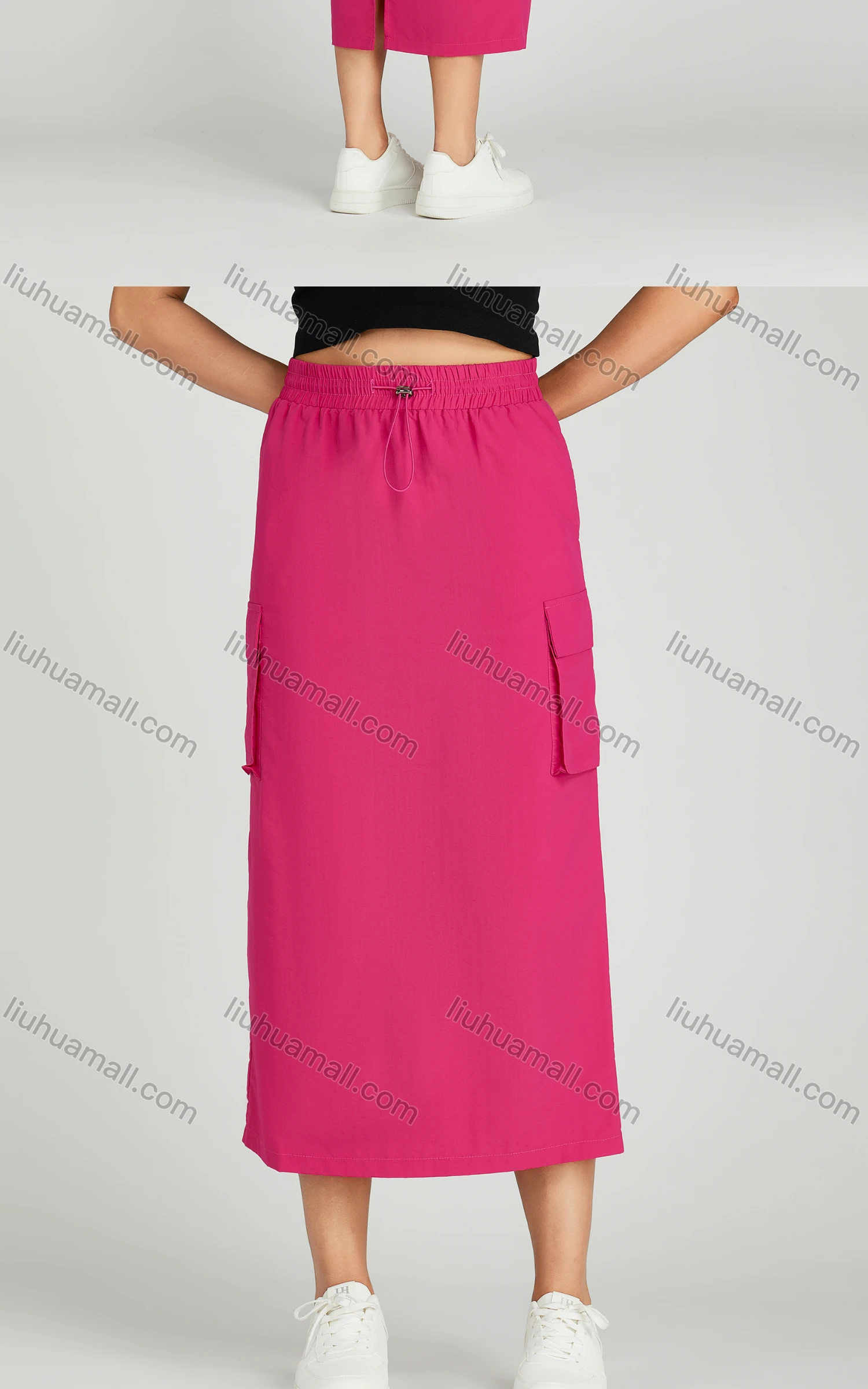 Wholesale Women's Casual Elastic Waist Pocket Drawstring Plain Midi Skirt MT305# - Liuhuamall