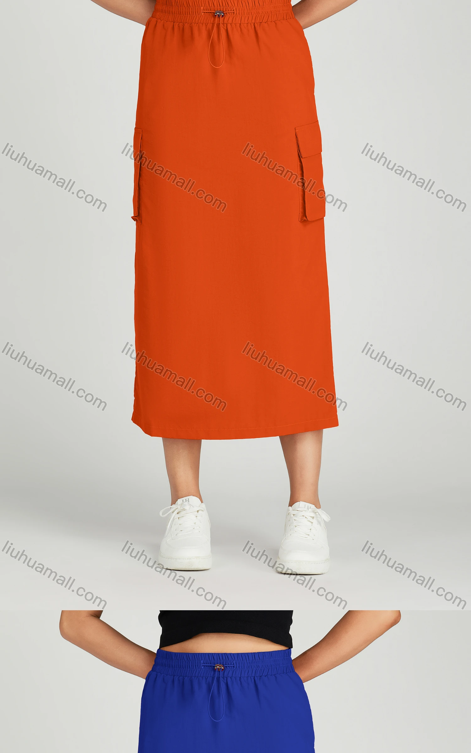 Wholesale Women's Casual Elastic Waist Pocket Drawstring Plain Midi Skirt MT305# - Liuhuamall