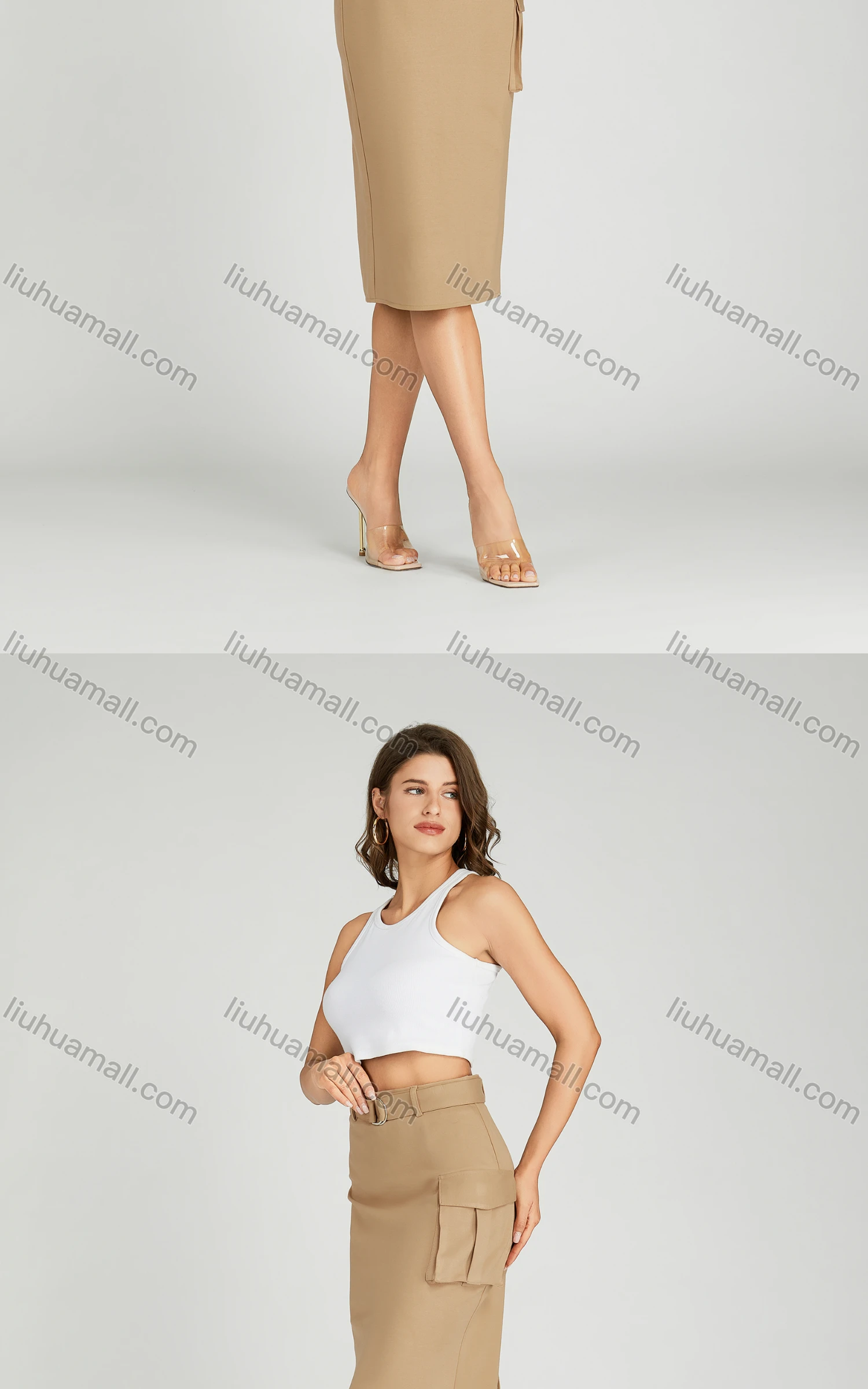 Wholesale Women's Casual High Waist Split Hem Flap Pockets Knee Length Plain Skirt With Belt MT317# - Liuhuamall