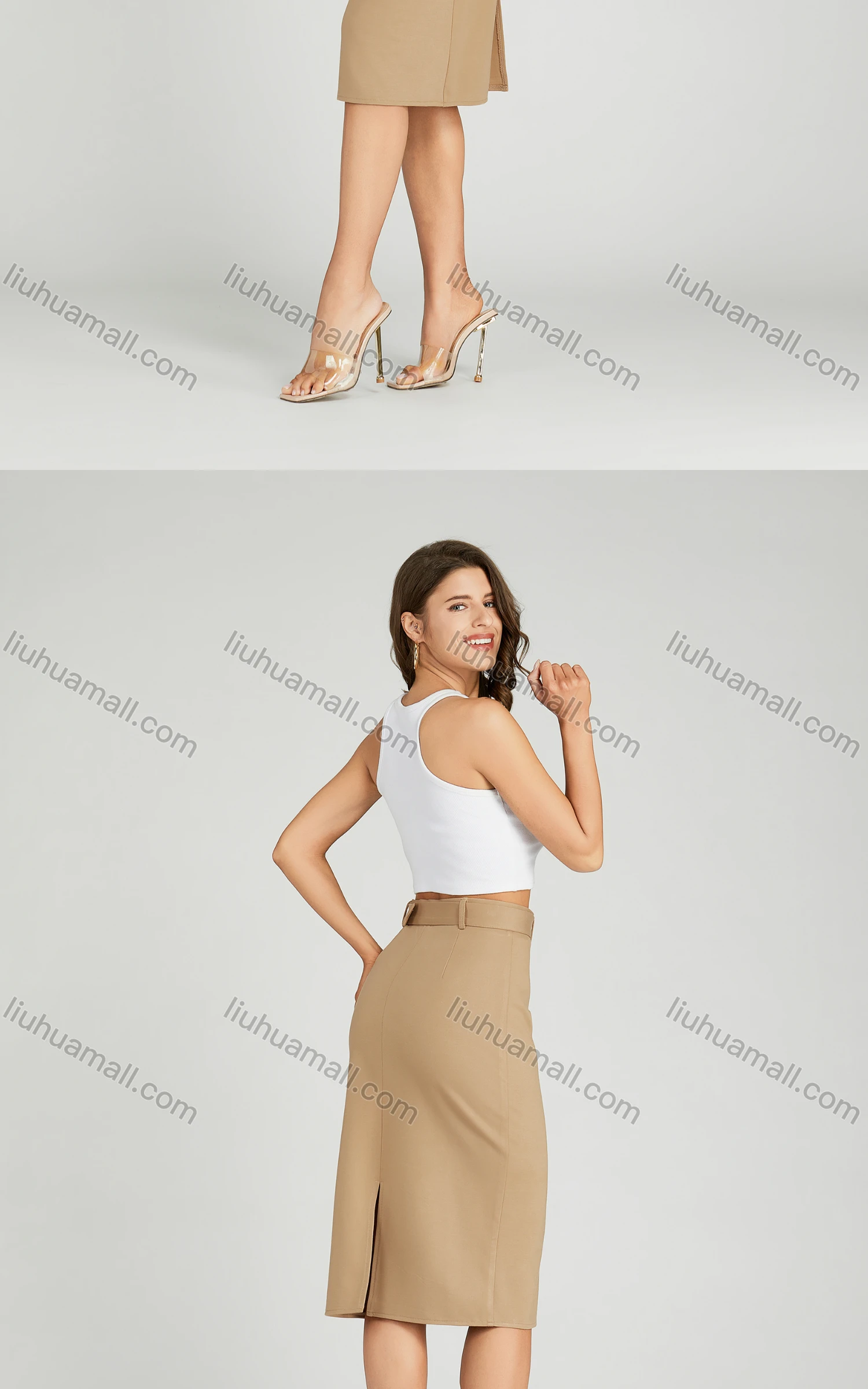 Wholesale Women's Casual High Waist Split Hem Flap Pockets Knee Length Plain Skirt With Belt MT317# - Liuhuamall