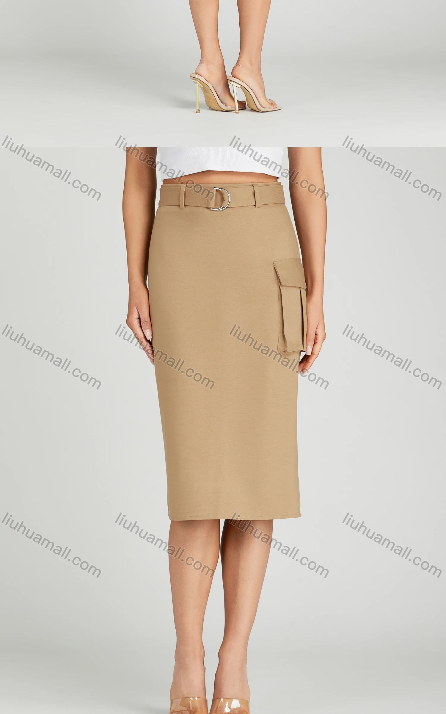 Wholesale Women's Casual High Waist Split Hem Flap Pockets Knee Length Plain Skirt With Belt MT317# - Liuhuamall