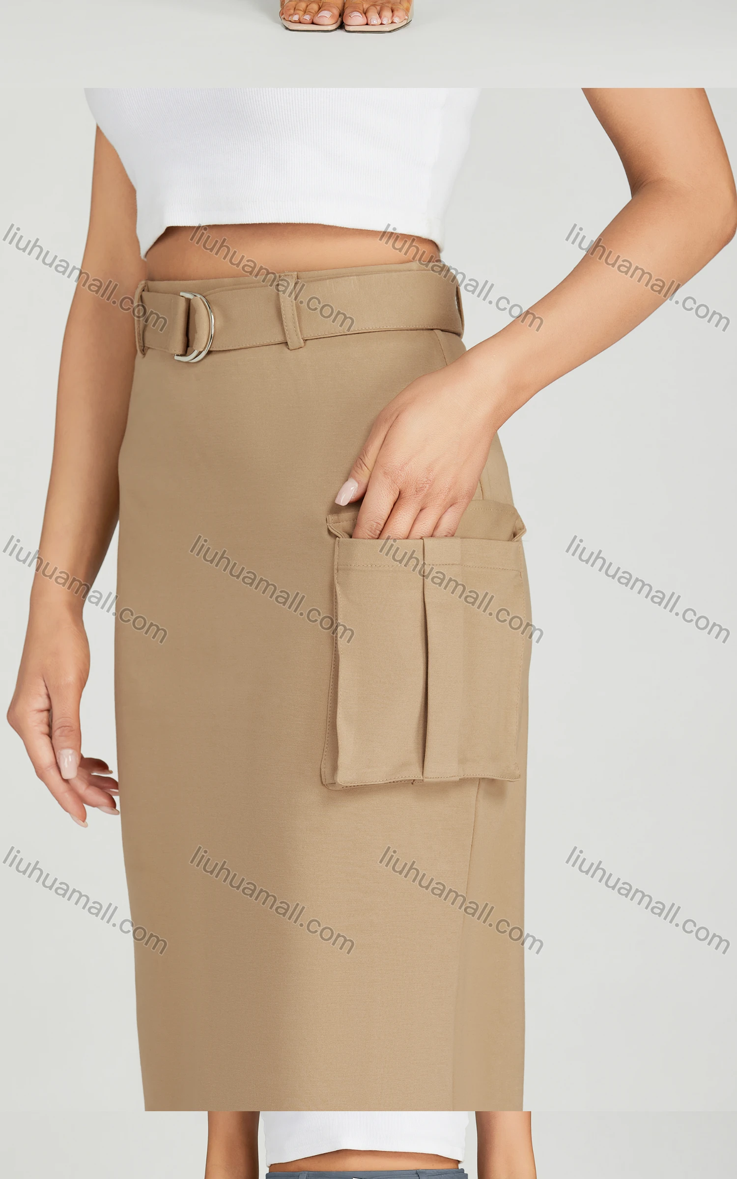 Wholesale Women's Casual High Waist Split Hem Flap Pockets Knee Length Plain Skirt With Belt MT317# - Liuhuamall