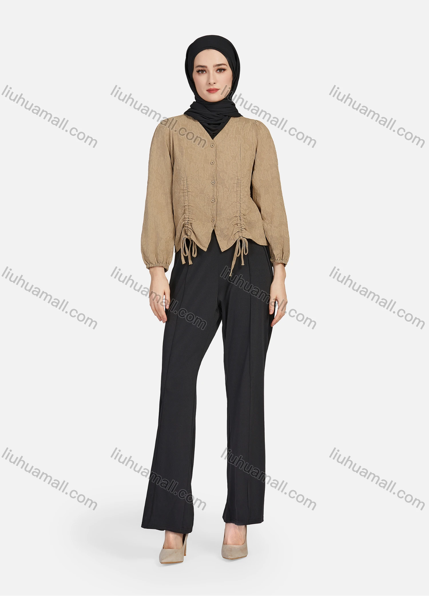 Wholesale Women's Casual Plain V Neck Drawstring Long Sleeve Button Down Crop Top 1258# - Liuhuamall