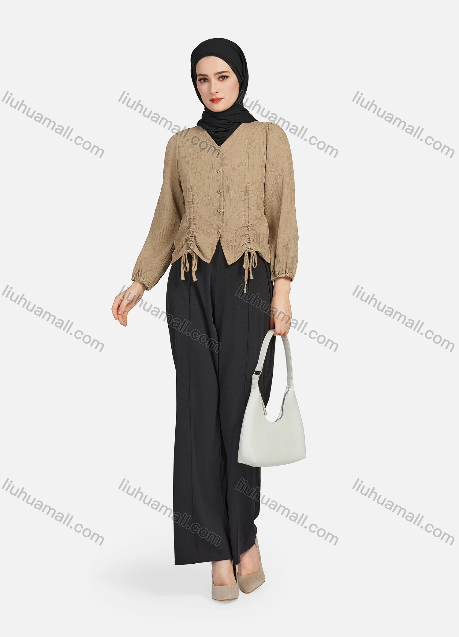 Wholesale Women's Casual Plain V Neck Drawstring Long Sleeve Button Down Crop Top 1258# - Liuhuamall