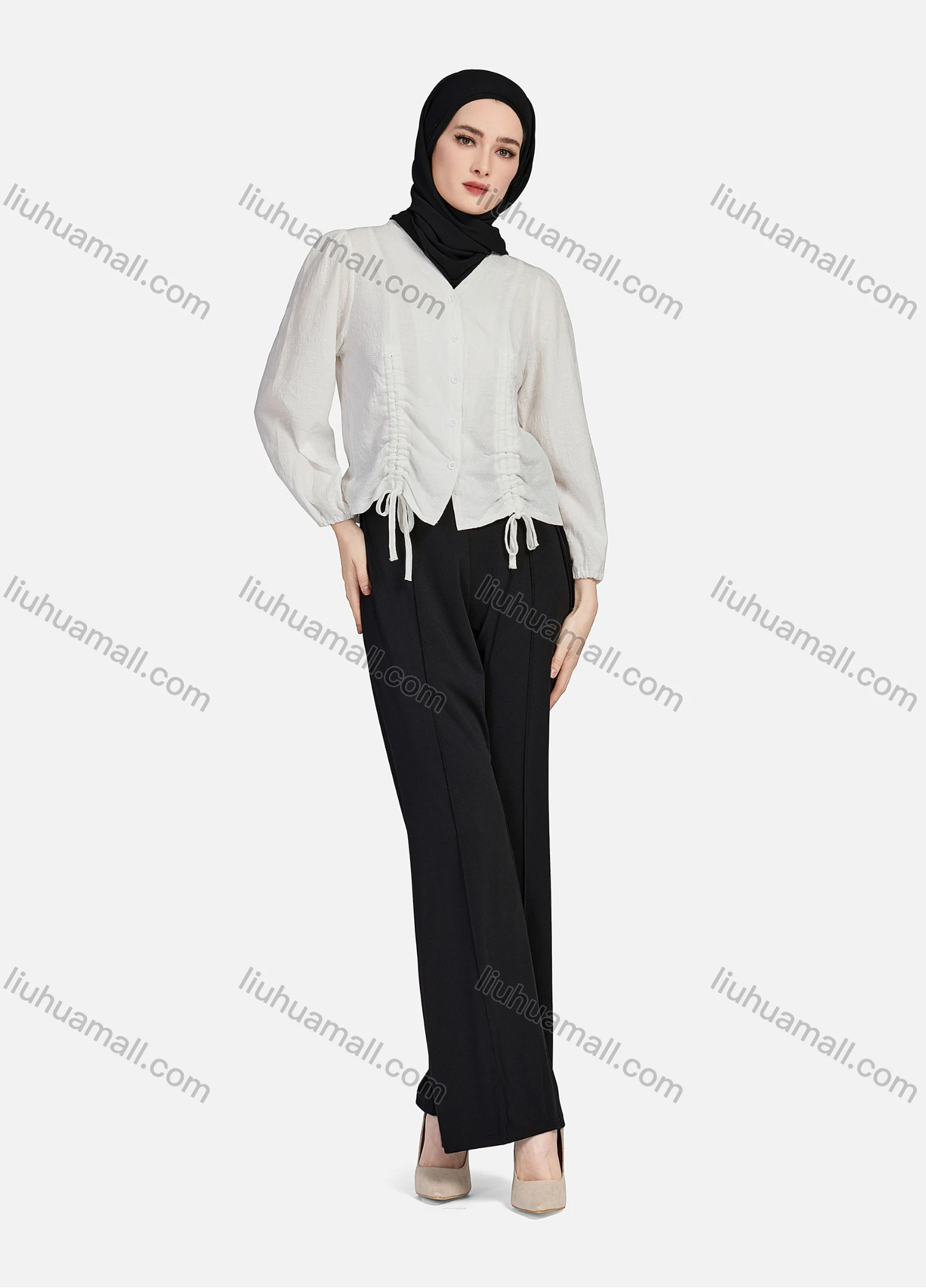 Wholesale Women's Casual Plain V Neck Drawstring Long Sleeve Button Down Crop Top 1258# - Liuhuamall