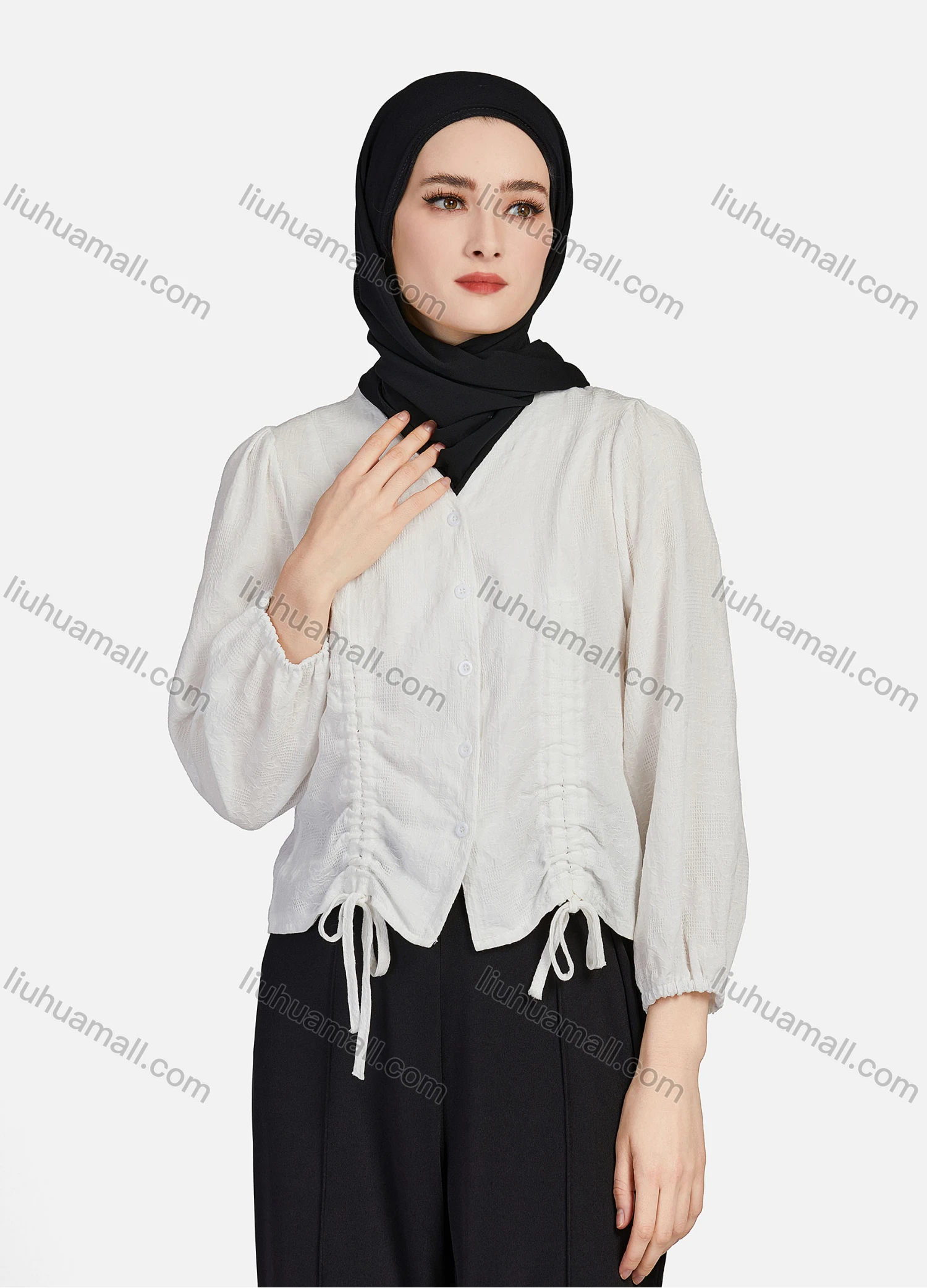 Wholesale Women's Casual Plain V Neck Drawstring Long Sleeve Button Down Crop Top 1258# - Liuhuamall