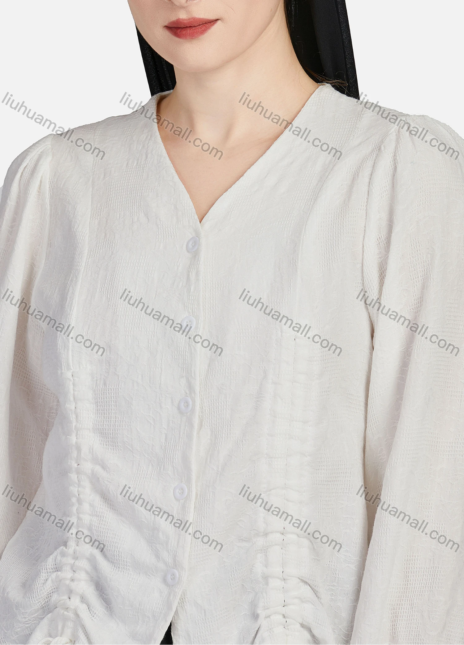 Wholesale Women's Casual Plain V Neck Drawstring Long Sleeve Button Down Crop Top 1258# - Liuhuamall