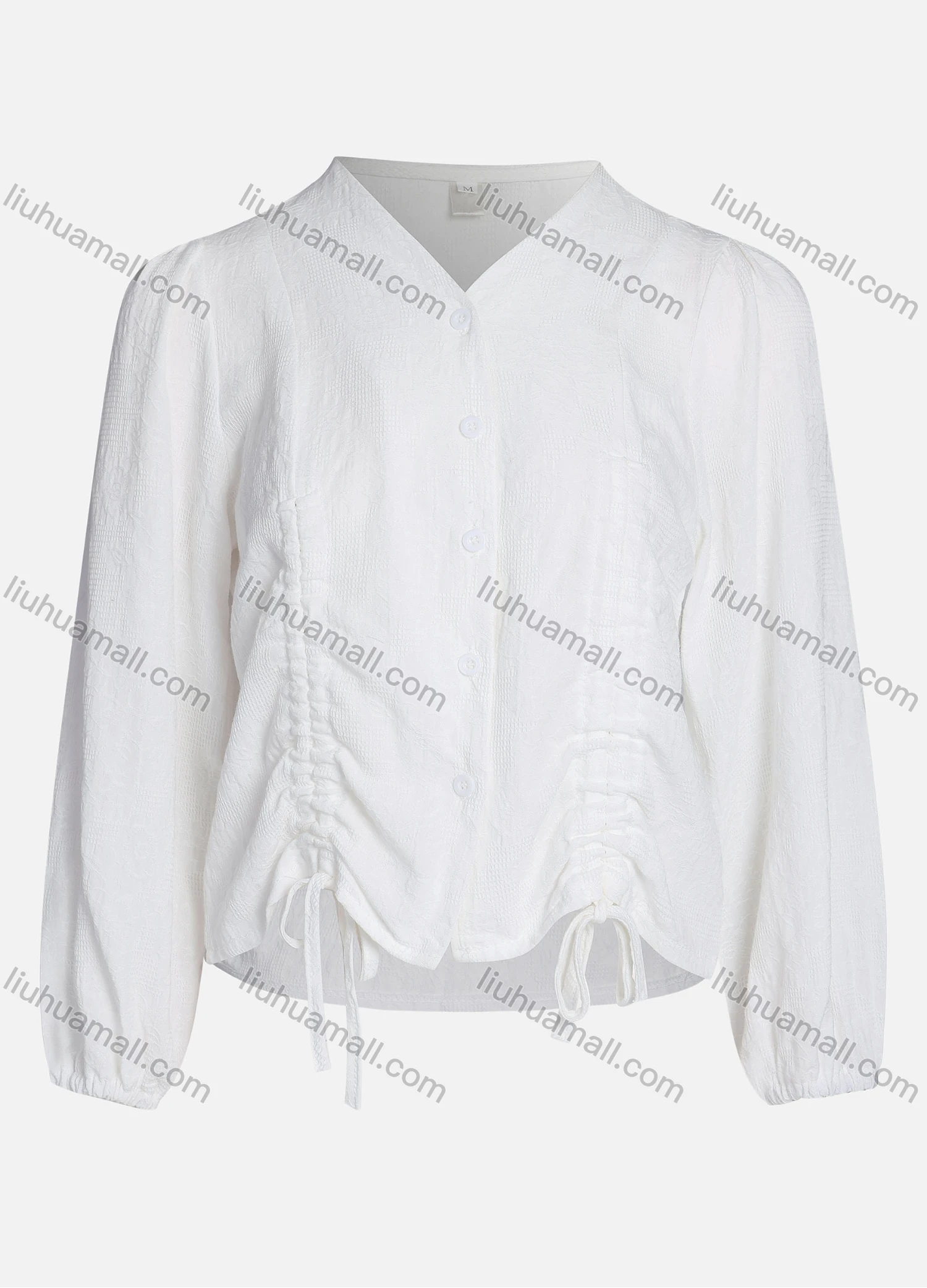 Wholesale Women's Casual Plain V Neck Drawstring Long Sleeve Button Down Crop Top 1258# - Liuhuamall