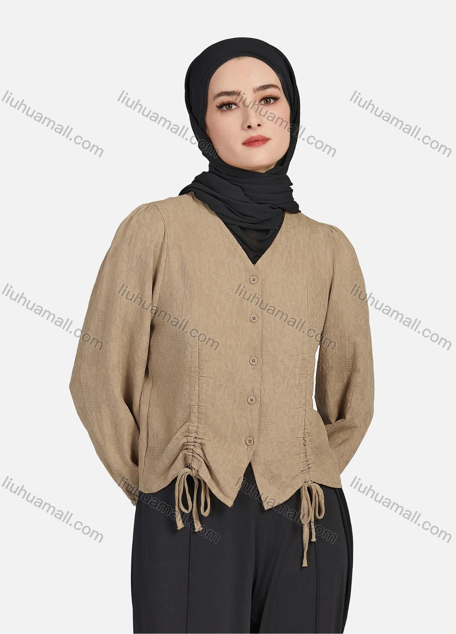 Wholesale Women's Casual Plain V Neck Drawstring Long Sleeve Button Down Crop Top 1258# - Liuhuamall