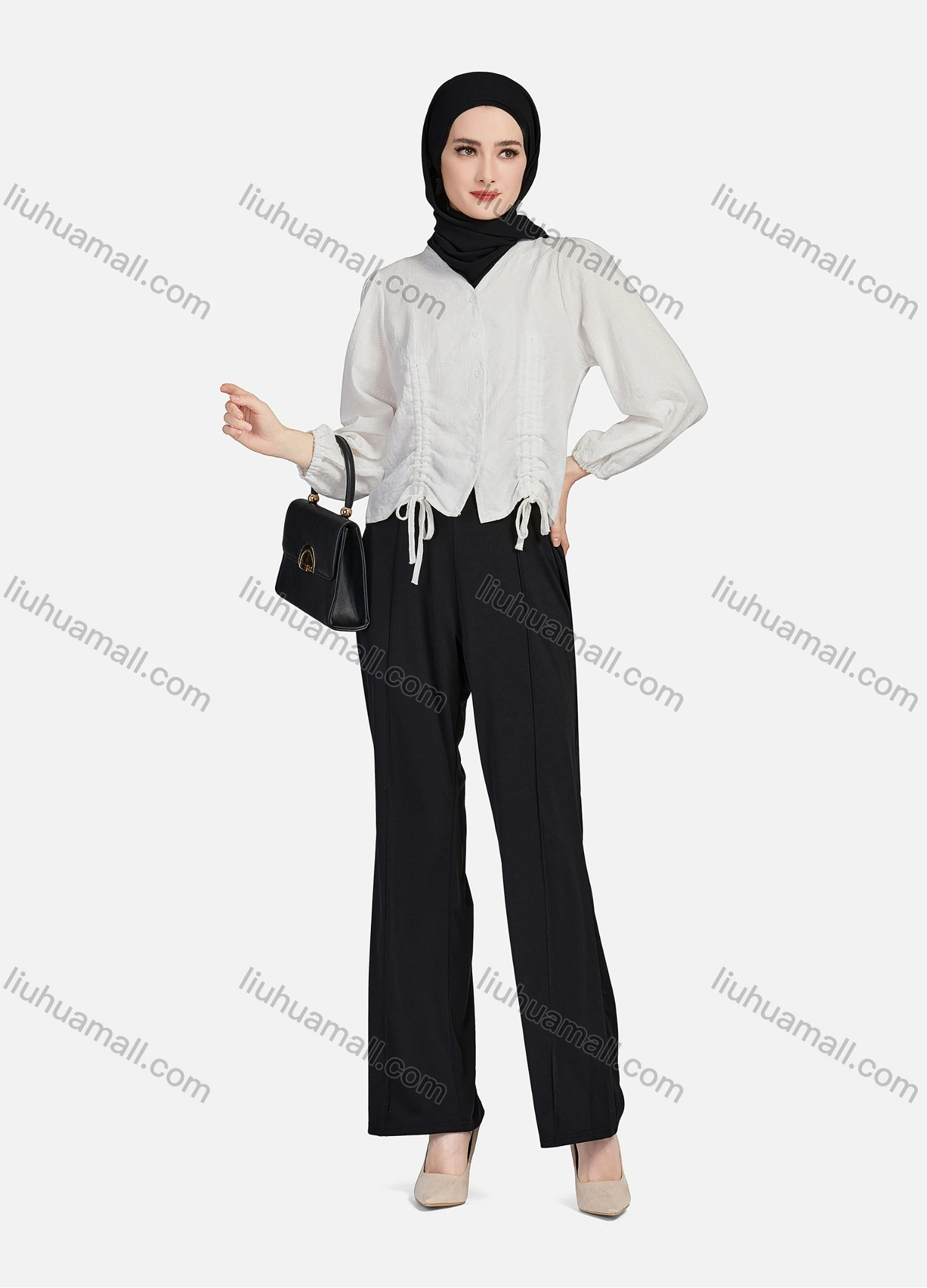 Wholesale Women's Casual Plain V Neck Drawstring Long Sleeve Button Down Crop Top 1258# - Liuhuamall