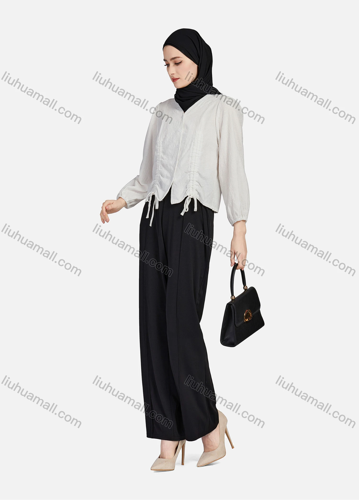 Wholesale Women's Casual Plain V Neck Drawstring Long Sleeve Button Down Crop Top 1258# - Liuhuamall