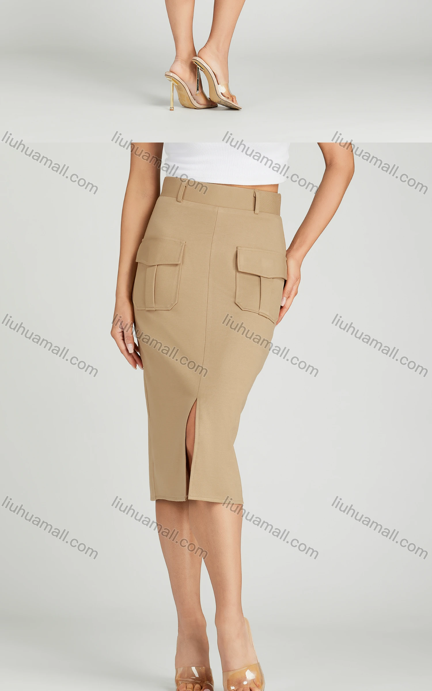 Wholesale Women's Casual High Waist Flap Pockets Split Hem Knee Length Plain Skirt MT320# - Liuhuamall