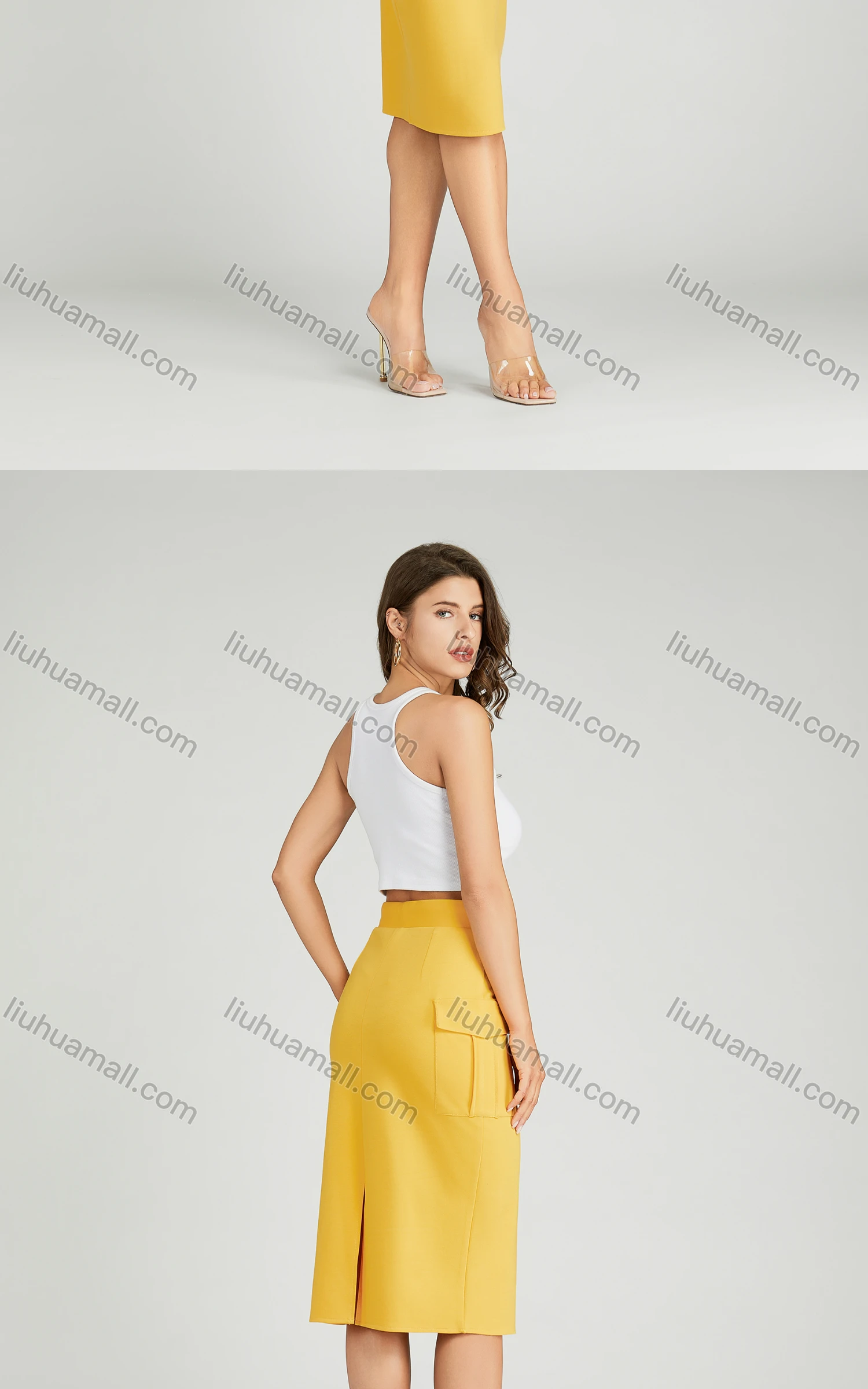 Wholesale Women's Casual High Waist Drawstring Knee Length Flap Pocket Plain Skirt MT319# - Liuhuamall