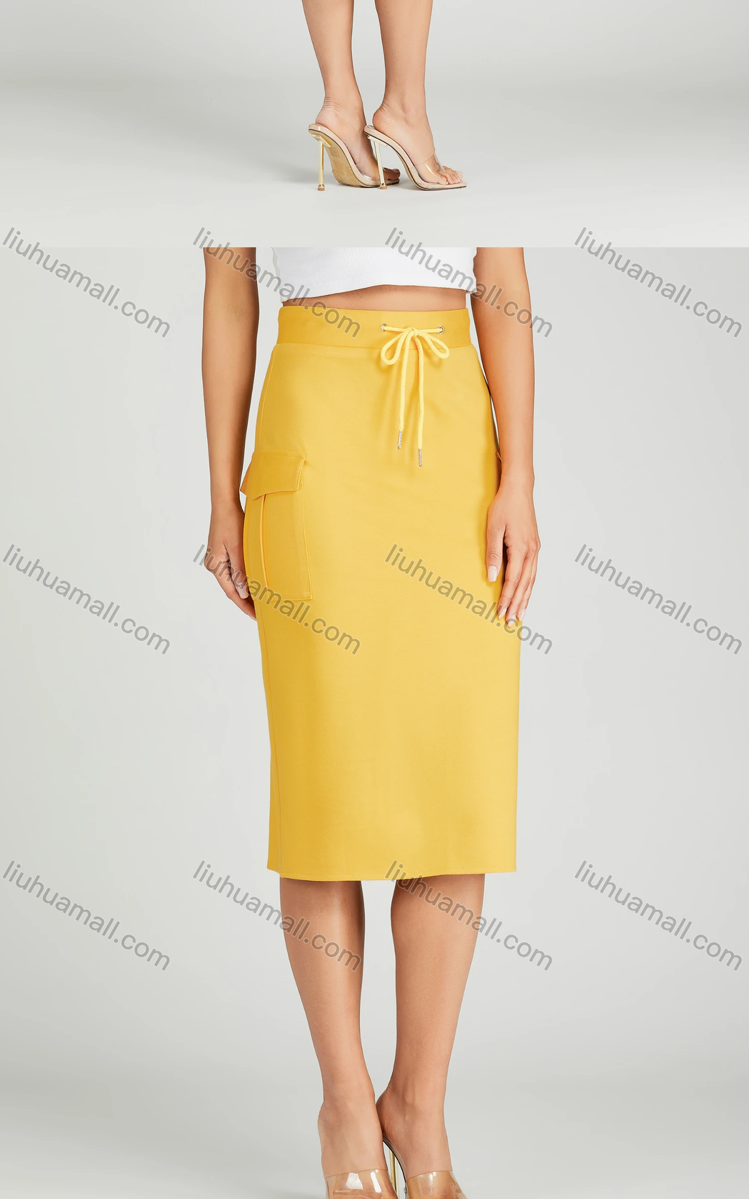 Wholesale Women's Casual High Waist Drawstring Knee Length Flap Pocket Plain Skirt MT319# - Liuhuamall
