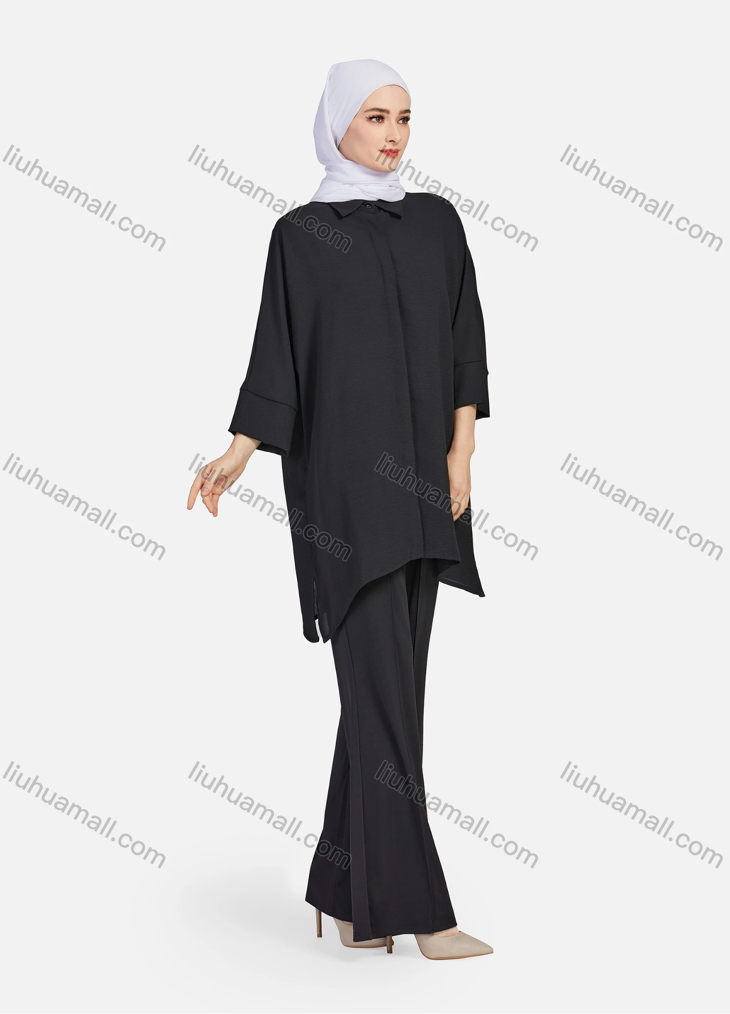 Wholesale Women's Casual Plain Collared 3/4 Sleeve Button Down Split Side High Low Hem Tunic 1290# - Liuhuamall