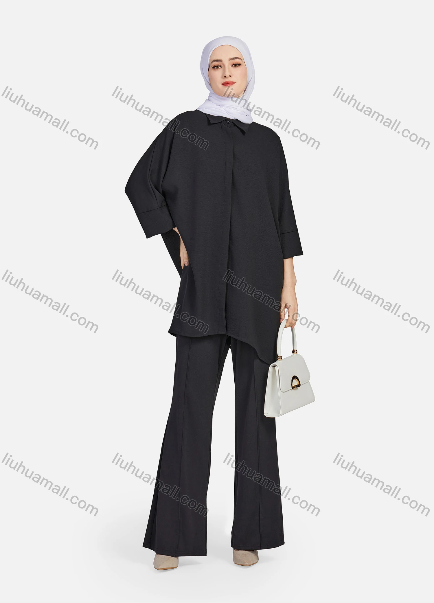 Wholesale Women's Casual Plain Collared 3/4 Sleeve Button Down Split Side High Low Hem Tunic 1290# - Liuhuamall