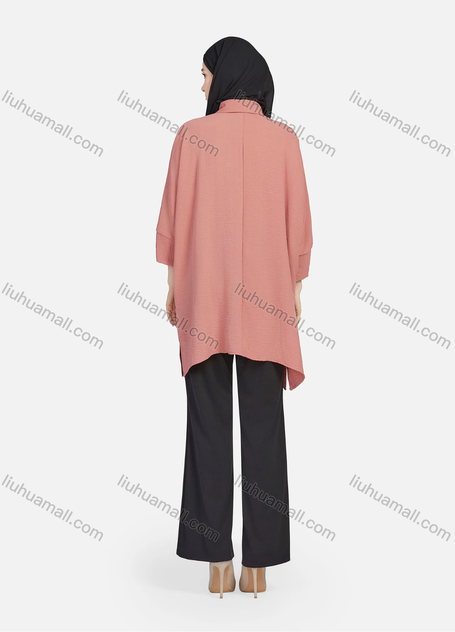 Wholesale Women's Casual Plain Collared 3/4 Sleeve Button Down Split Side High Low Hem Tunic 1290# - Liuhuamall