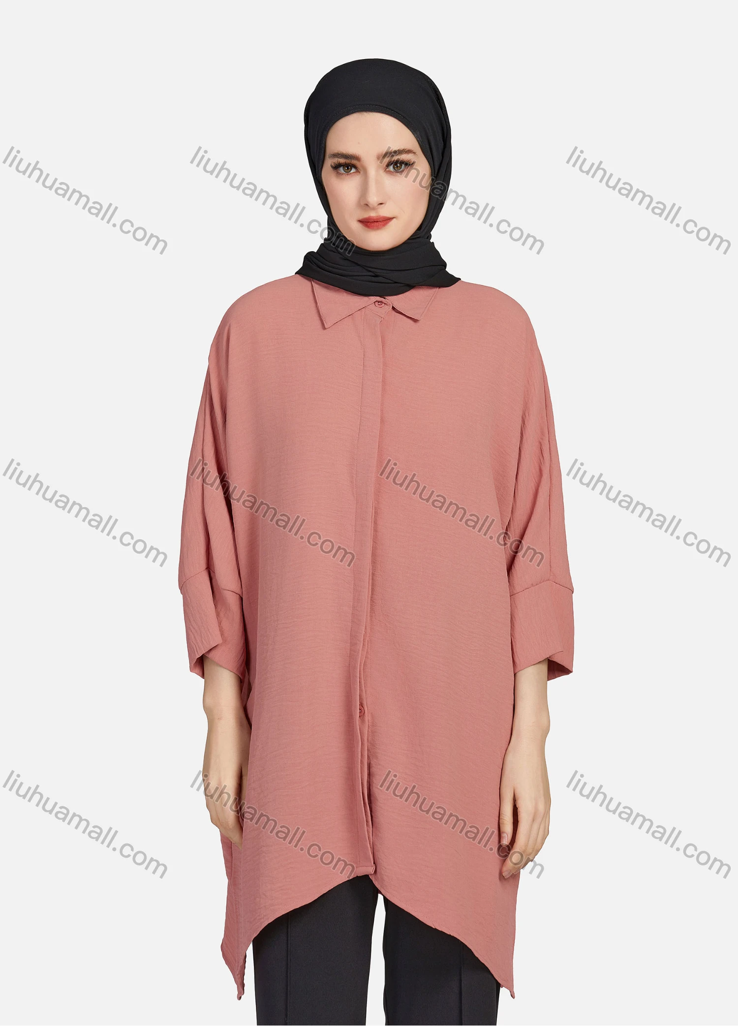 Wholesale Women's Casual Plain Collared 3/4 Sleeve Button Down Split Side High Low Hem Tunic 1290# - Liuhuamall