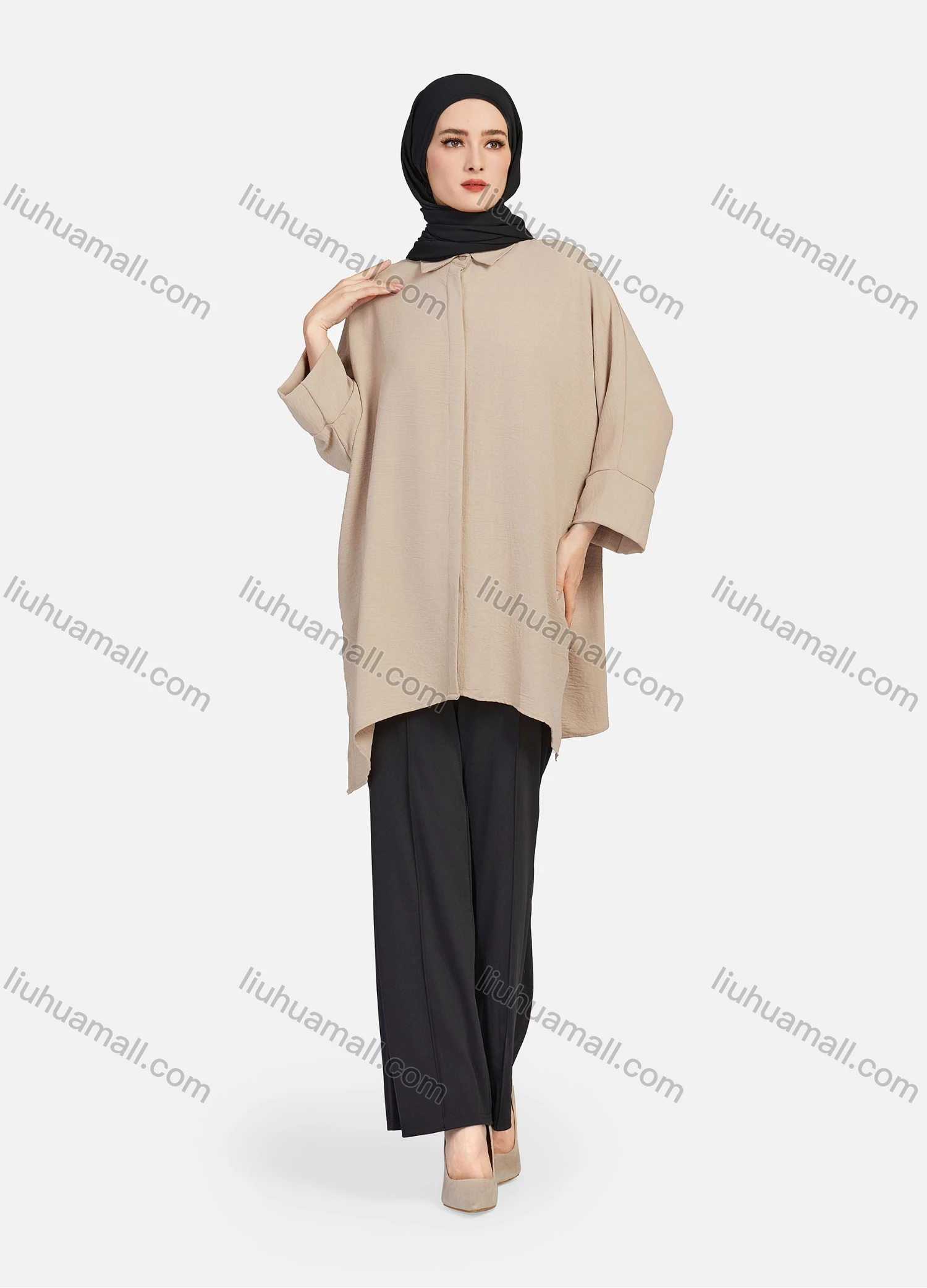 Wholesale Women's Casual Plain Collared 3/4 Sleeve Button Down Split Side High Low Hem Tunic 1290# - Liuhuamall