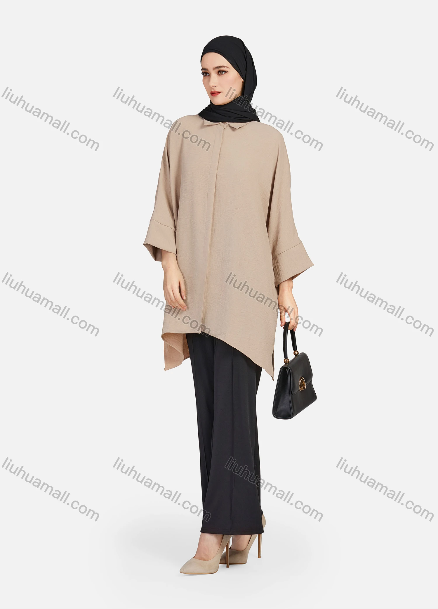 Wholesale Women's Casual Plain Collared 3/4 Sleeve Button Down Split Side High Low Hem Tunic 1290# - Liuhuamall