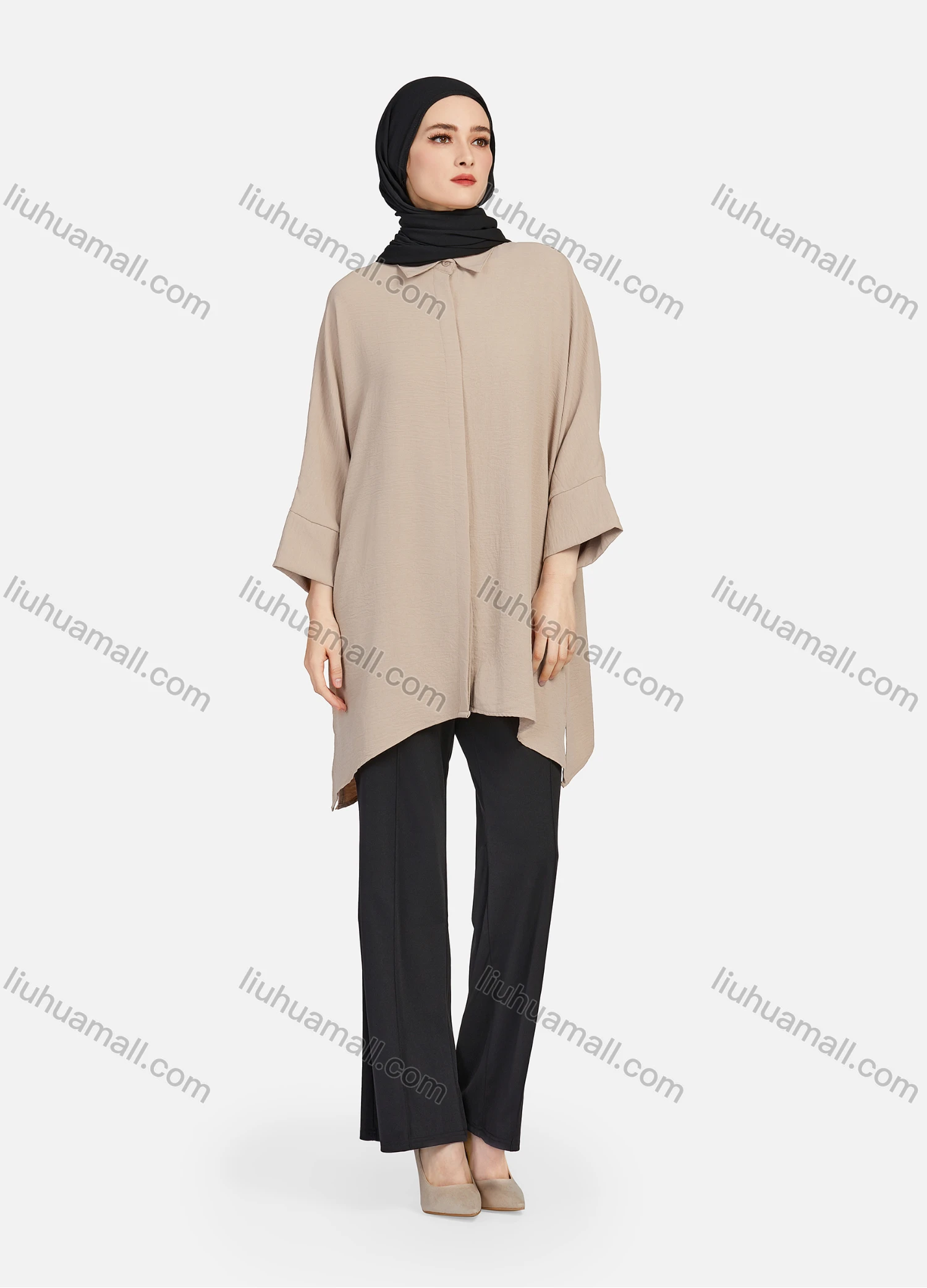 Wholesale Women's Casual Plain Collared 3/4 Sleeve Button Down Split Side High Low Hem Tunic 1290# - Liuhuamall