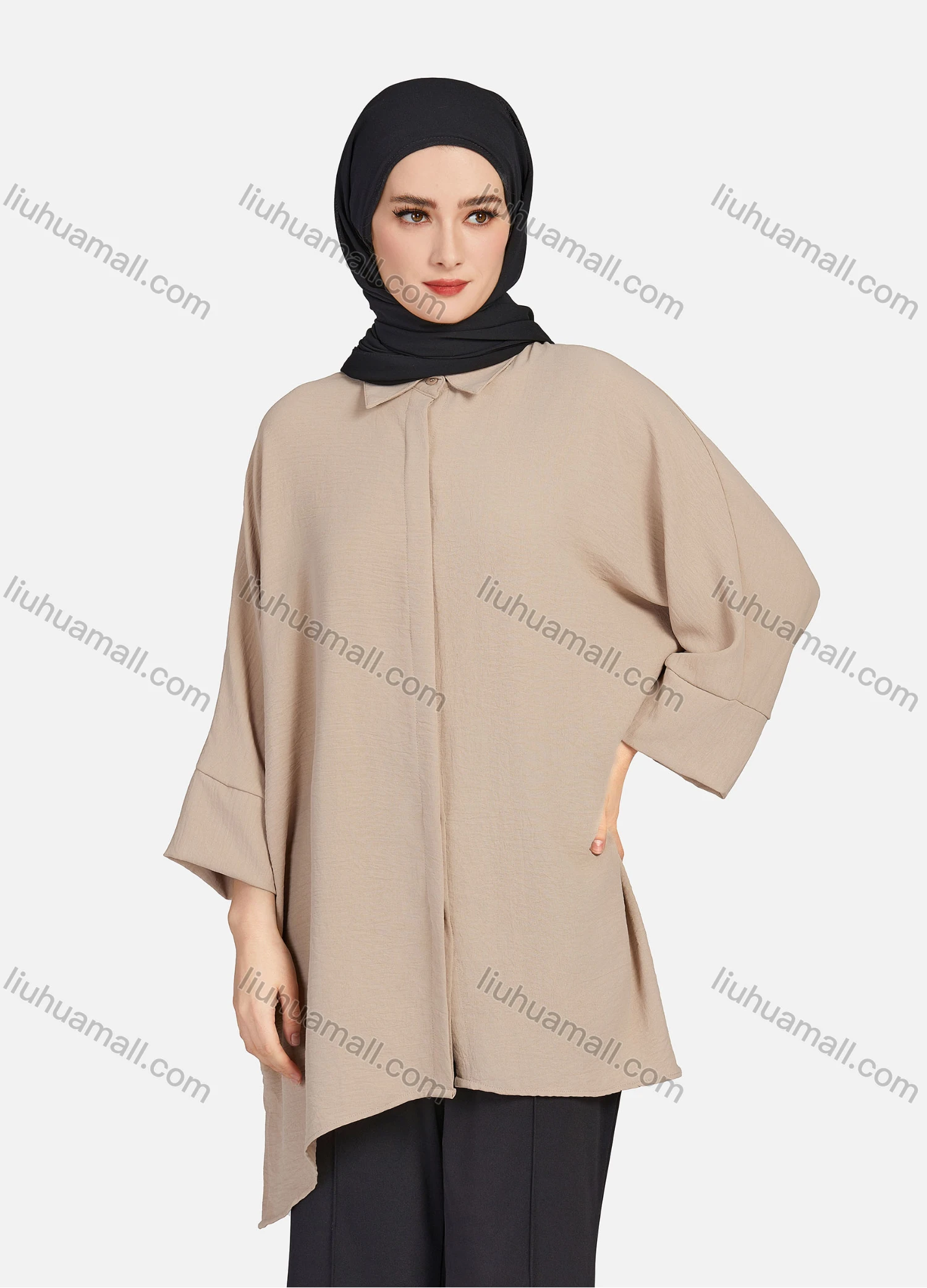 Wholesale Women's Casual Plain Collared 3/4 Sleeve Button Down Split Side High Low Hem Tunic 1290# - Liuhuamall