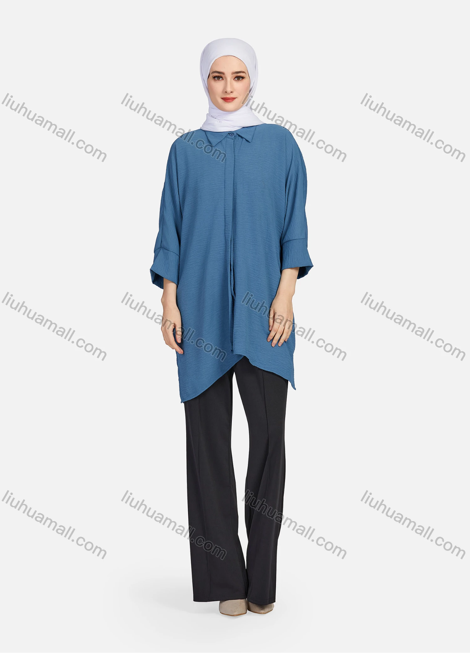 Wholesale Women's Casual Plain Collared 3/4 Sleeve Button Down Split Side High Low Hem Tunic 1290# - Liuhuamall