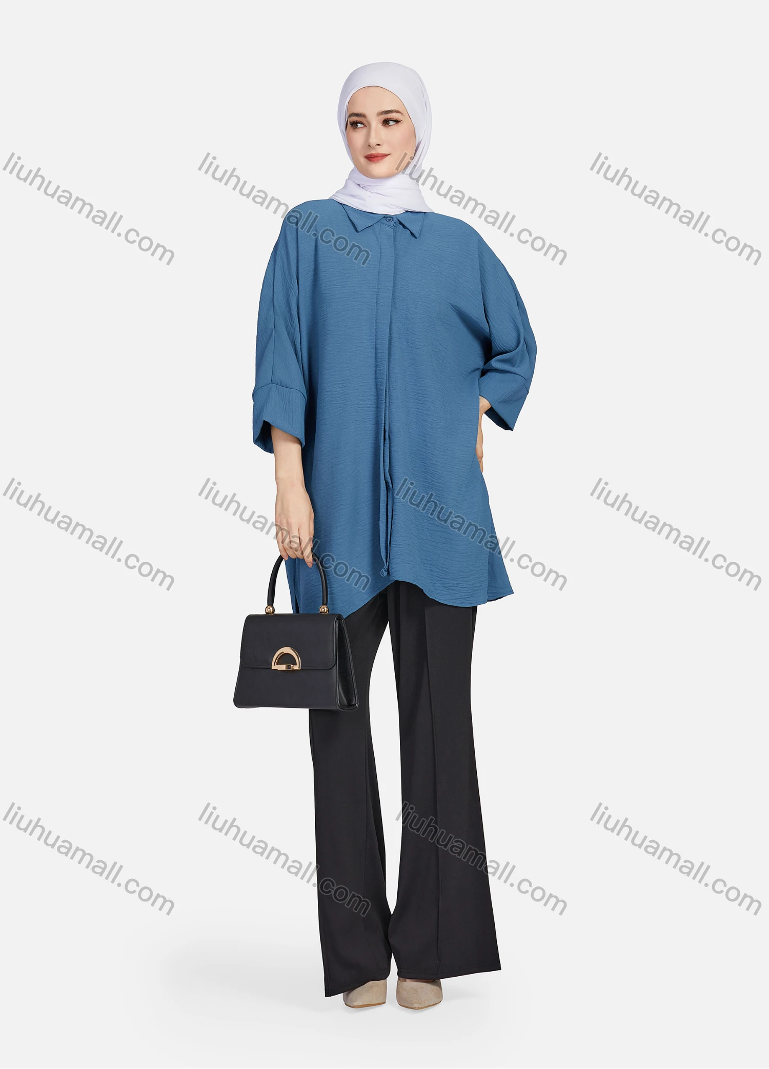 Wholesale Women's Casual Plain Collared 3/4 Sleeve Button Down Split Side High Low Hem Tunic 1290# - Liuhuamall