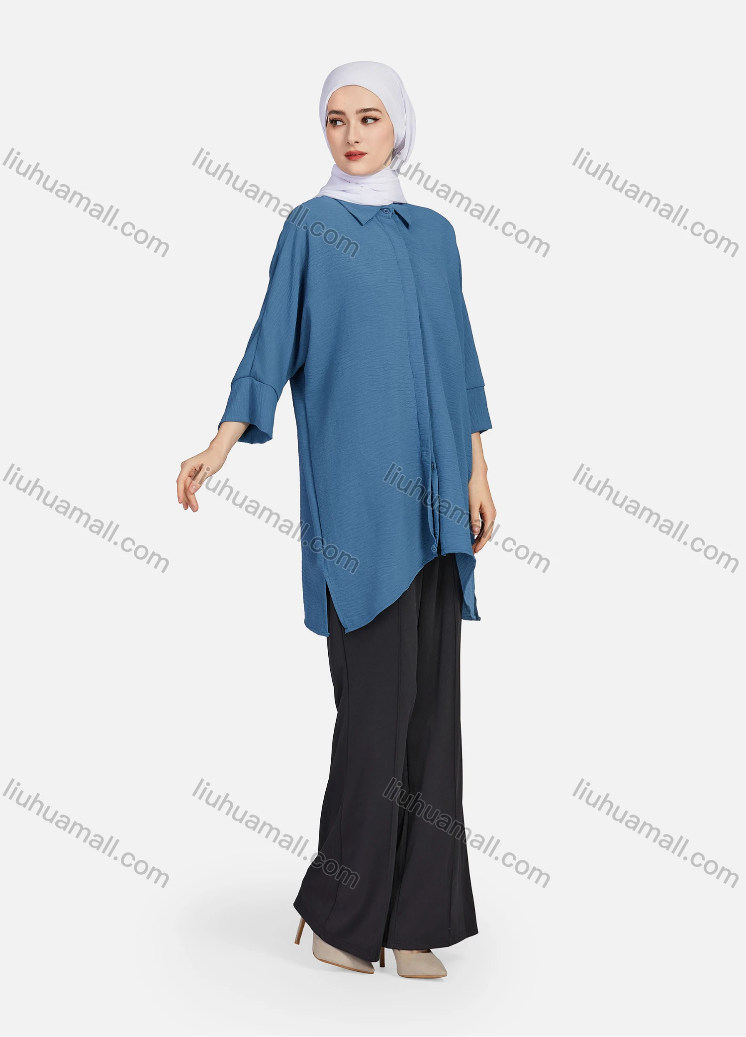 Wholesale Women's Casual Plain Collared 3/4 Sleeve Button Down Split Side High Low Hem Tunic 1290# - Liuhuamall