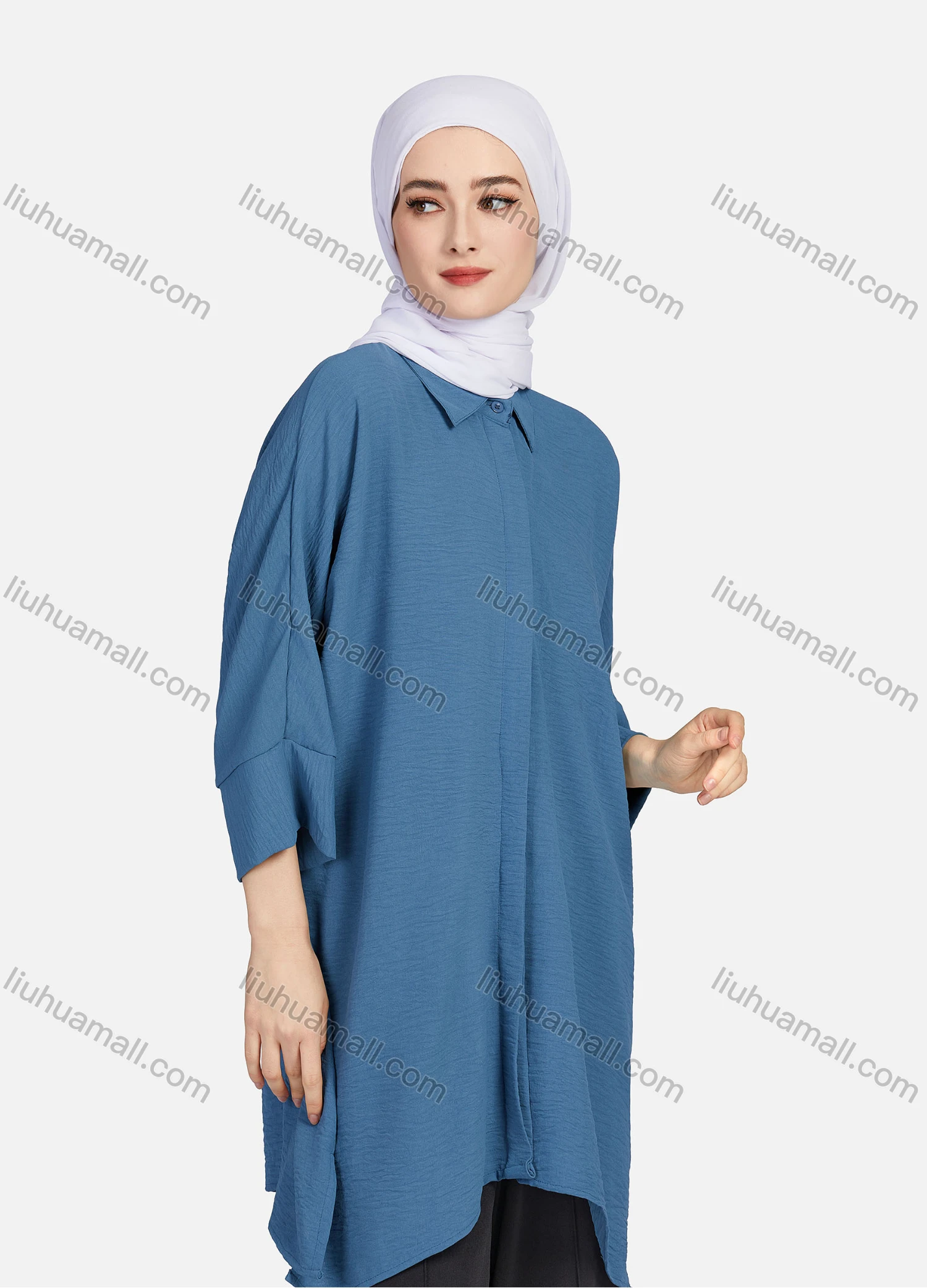 Wholesale Women's Casual Plain Collared 3/4 Sleeve Button Down Split Side High Low Hem Tunic 1290# - Liuhuamall