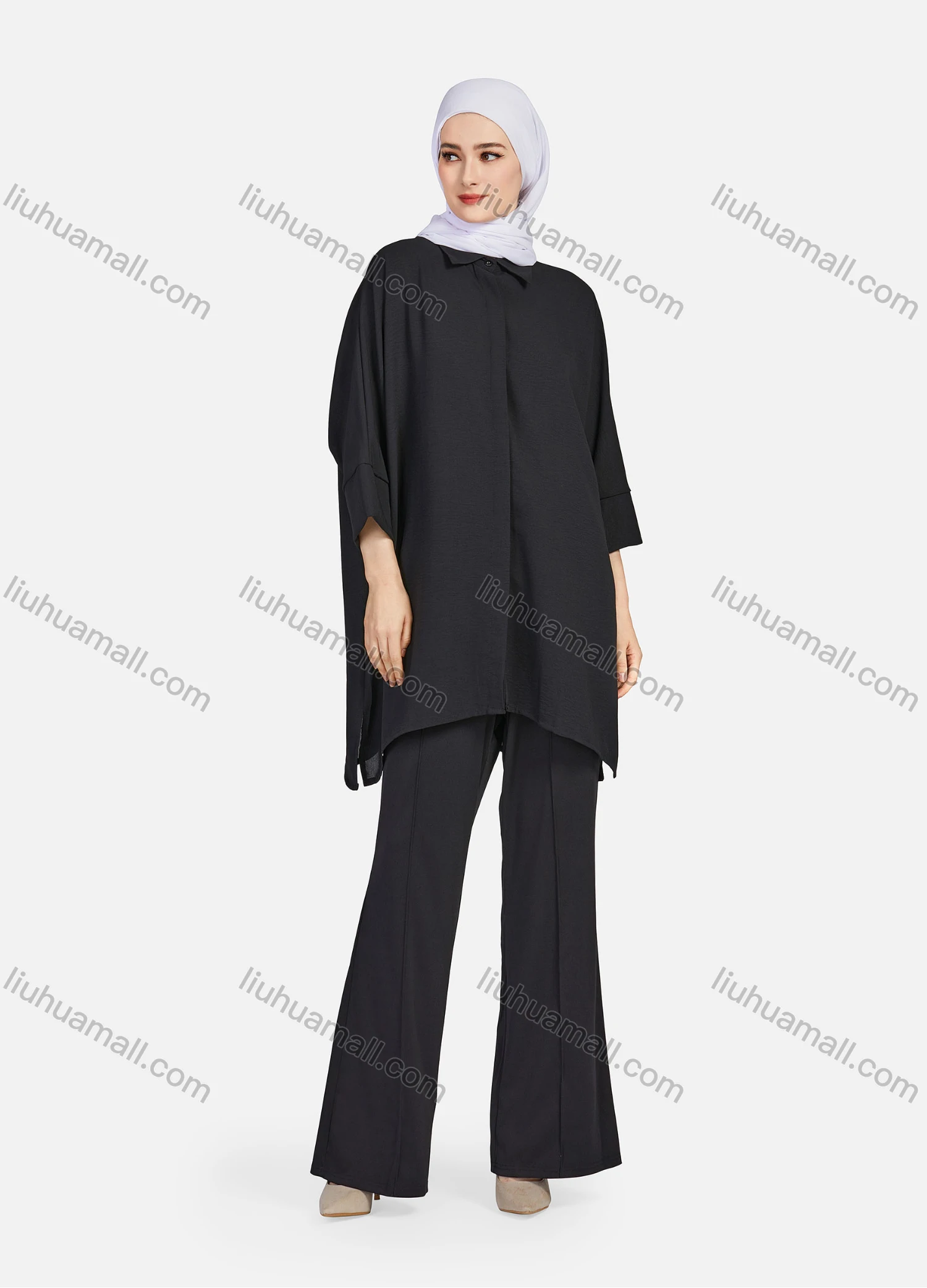 Wholesale Women's Casual Plain Collared 3/4 Sleeve Button Down Split Side High Low Hem Tunic 1290# - Liuhuamall