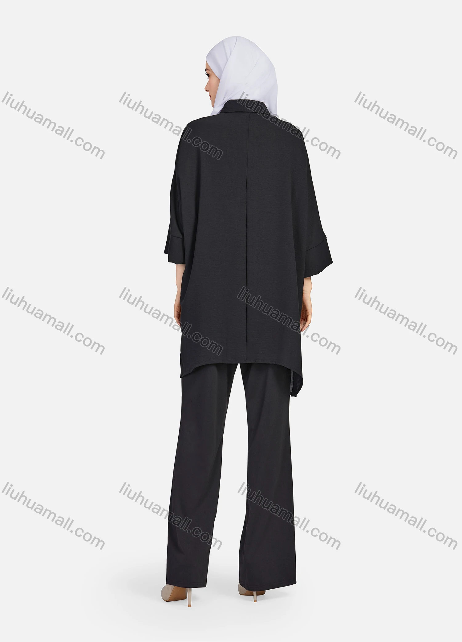 Wholesale Women's Casual Plain Collared 3/4 Sleeve Button Down Split Side High Low Hem Tunic 1290# - Liuhuamall