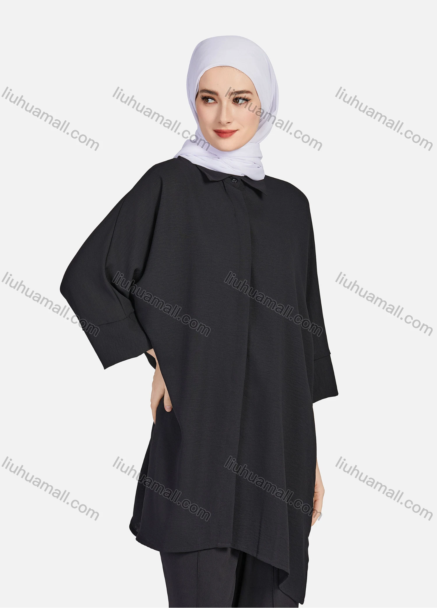 Wholesale Women's Casual Plain Collared 3/4 Sleeve Button Down Split Side High Low Hem Tunic 1290# - Liuhuamall