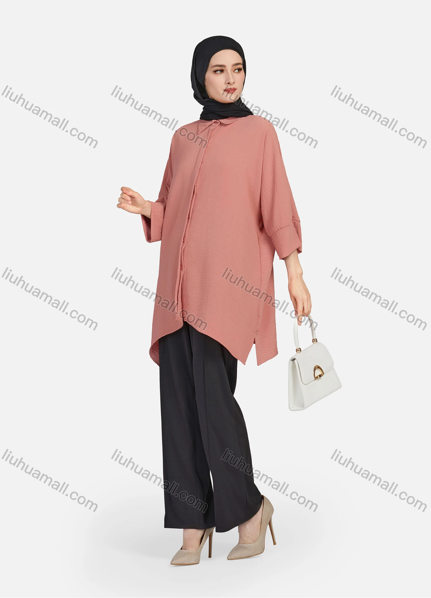 Wholesale Women's Casual Plain Collared 3/4 Sleeve Button Down Split Side High Low Hem Tunic 1290# - Liuhuamall