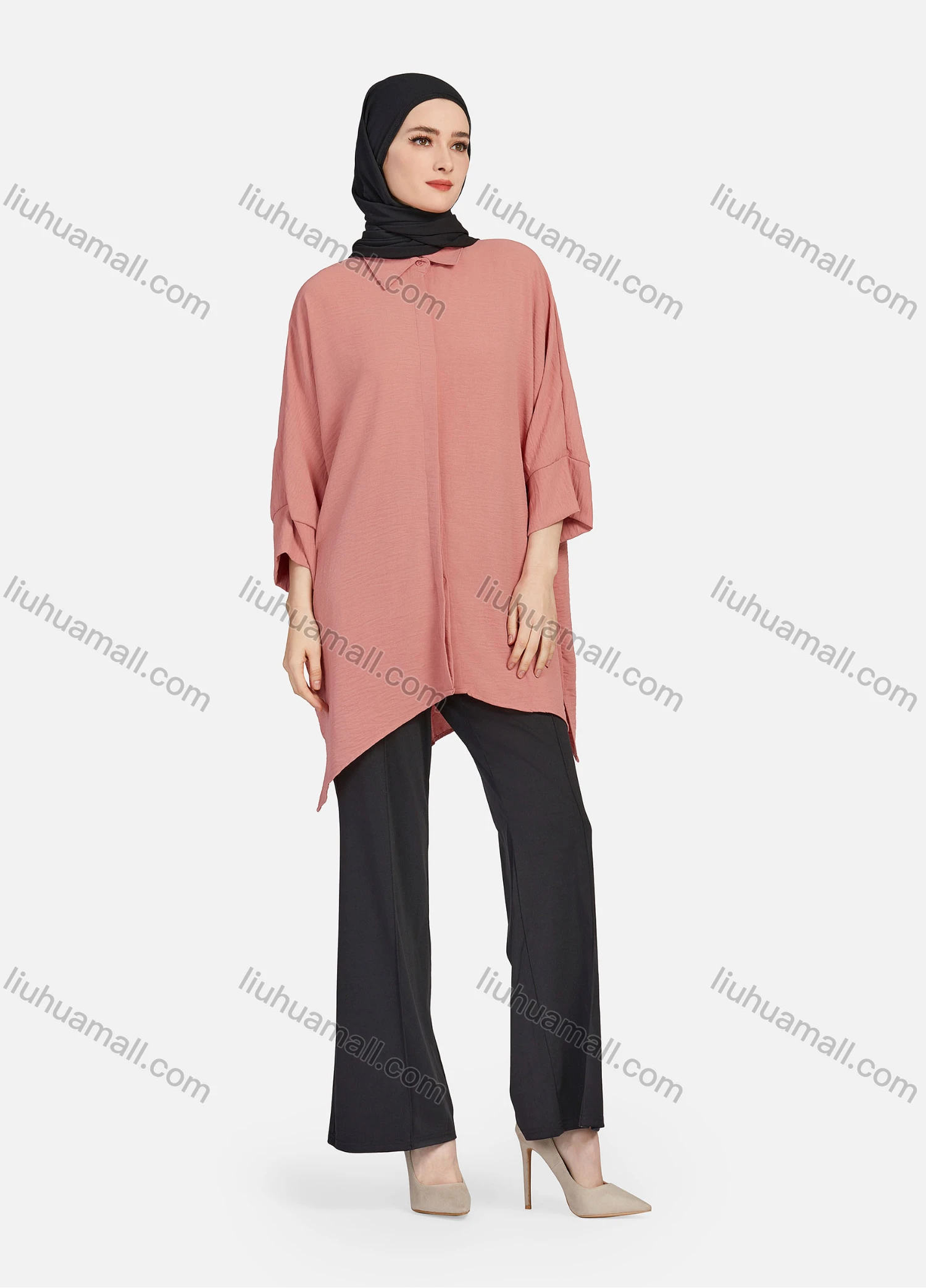 Wholesale Women's Casual Plain Collared 3/4 Sleeve Button Down Split Side High Low Hem Tunic 1290# - Liuhuamall
