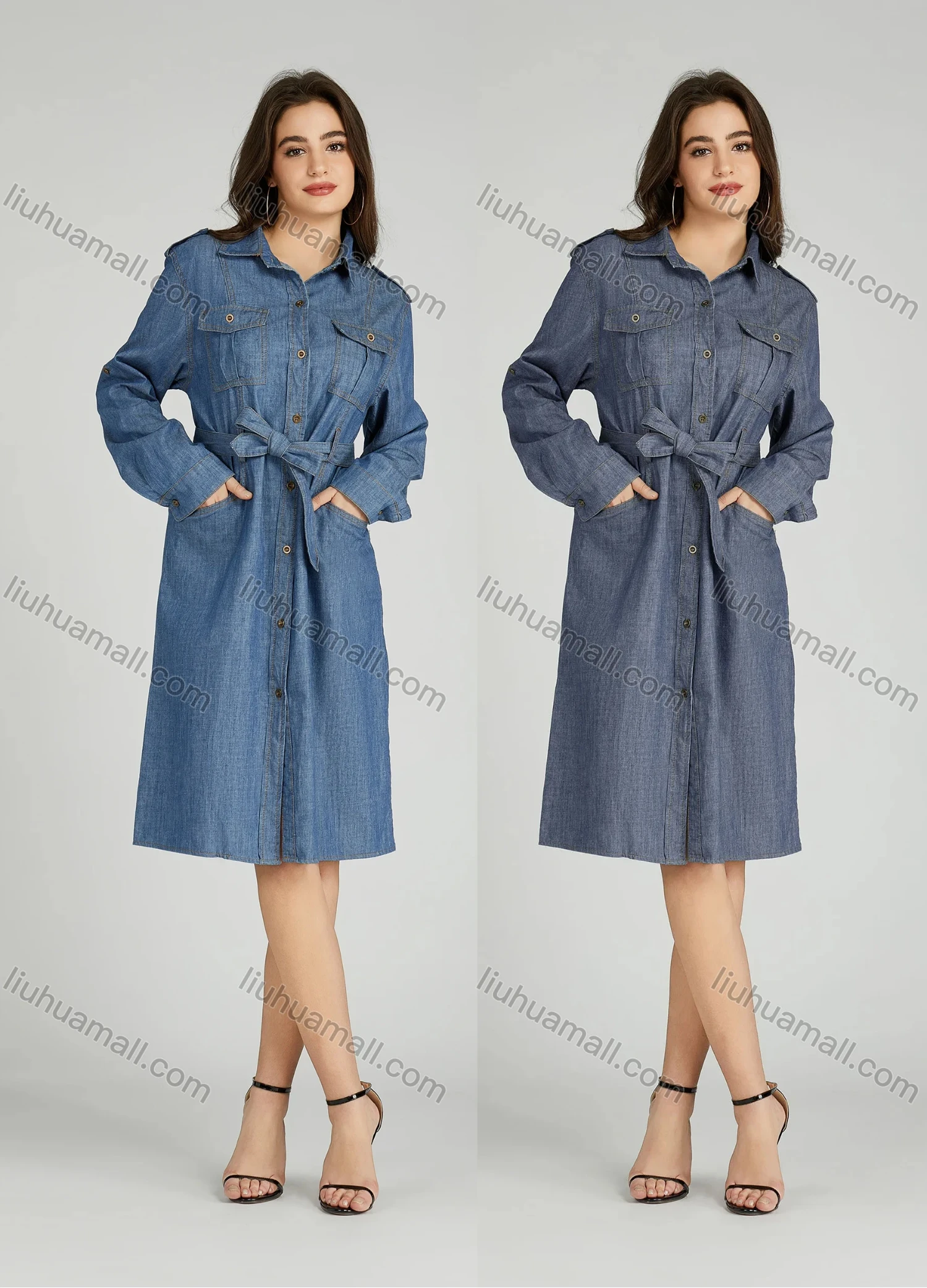 Wholesale Women's Casual Collared Lace Up Shirt Sleeve Denim Shirt Dress - Liuhuamall