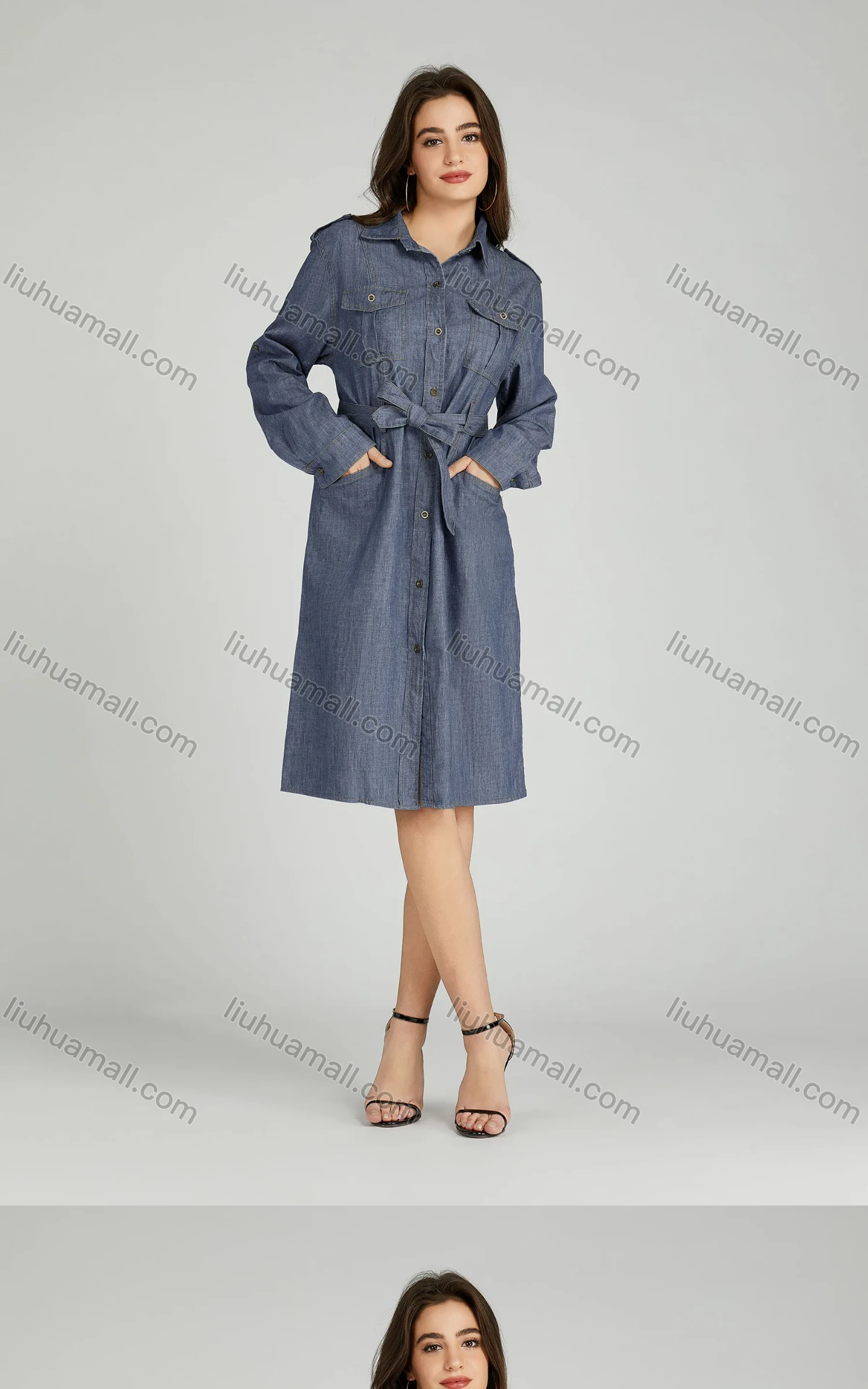Wholesale Women's Casual Collared Lace Up Shirt Sleeve Denim Shirt Dress - Liuhuamall