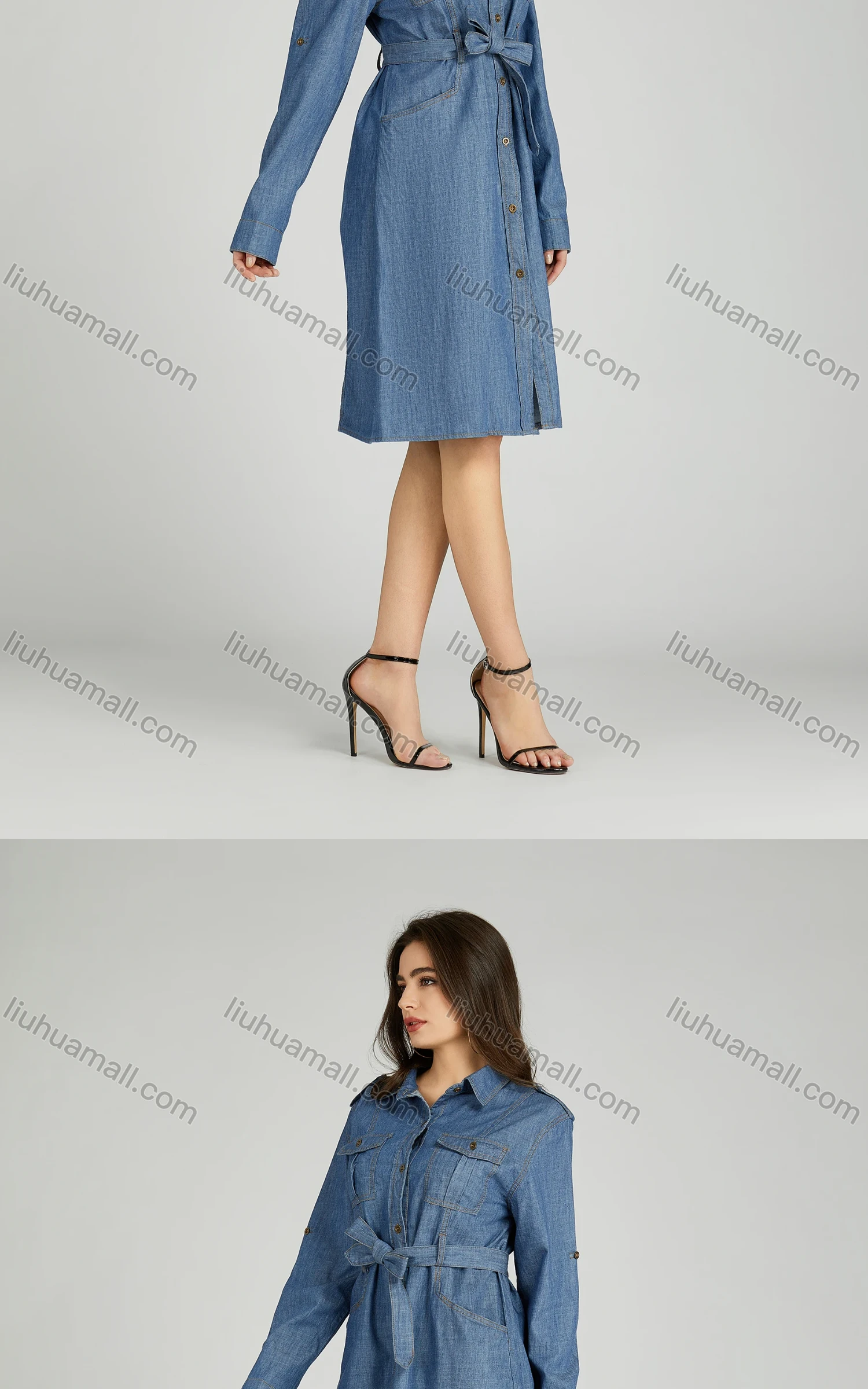 Wholesale Women's Casual Collared Lace Up Shirt Sleeve Denim Shirt Dress - Liuhuamall