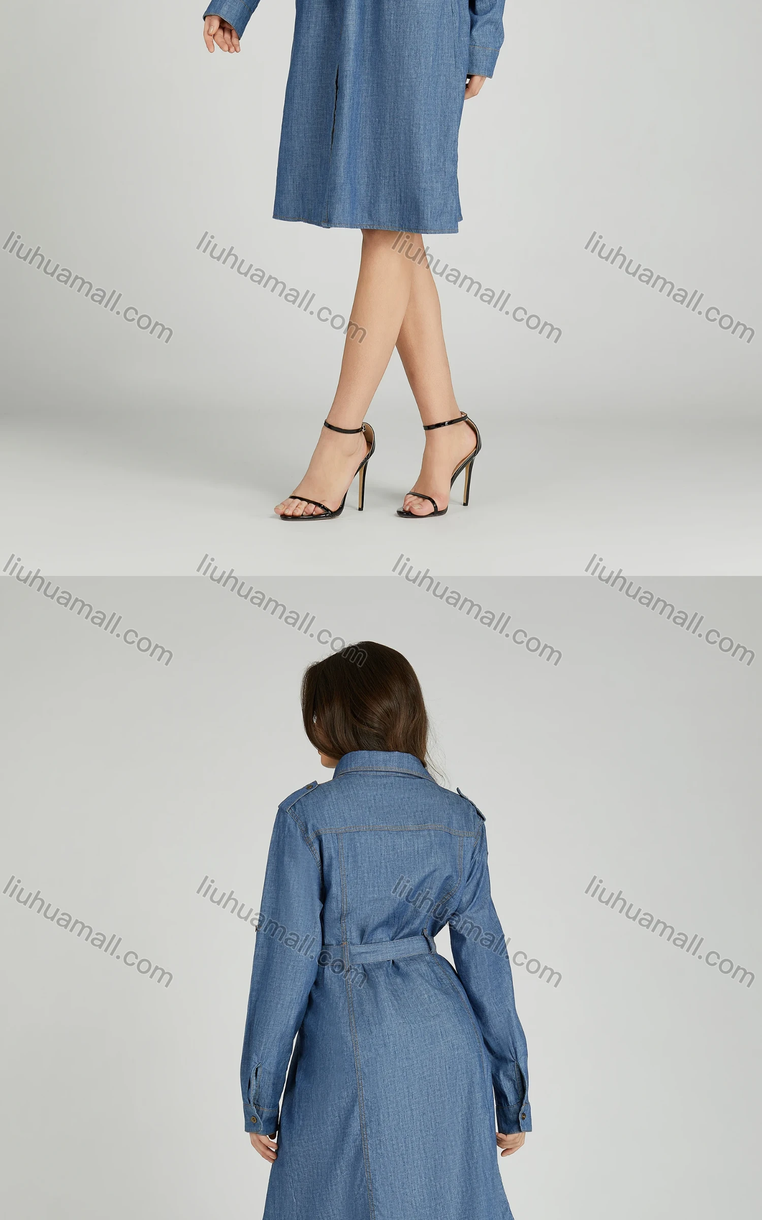 Wholesale Women's Casual Collared Lace Up Shirt Sleeve Denim Shirt Dress - Liuhuamall