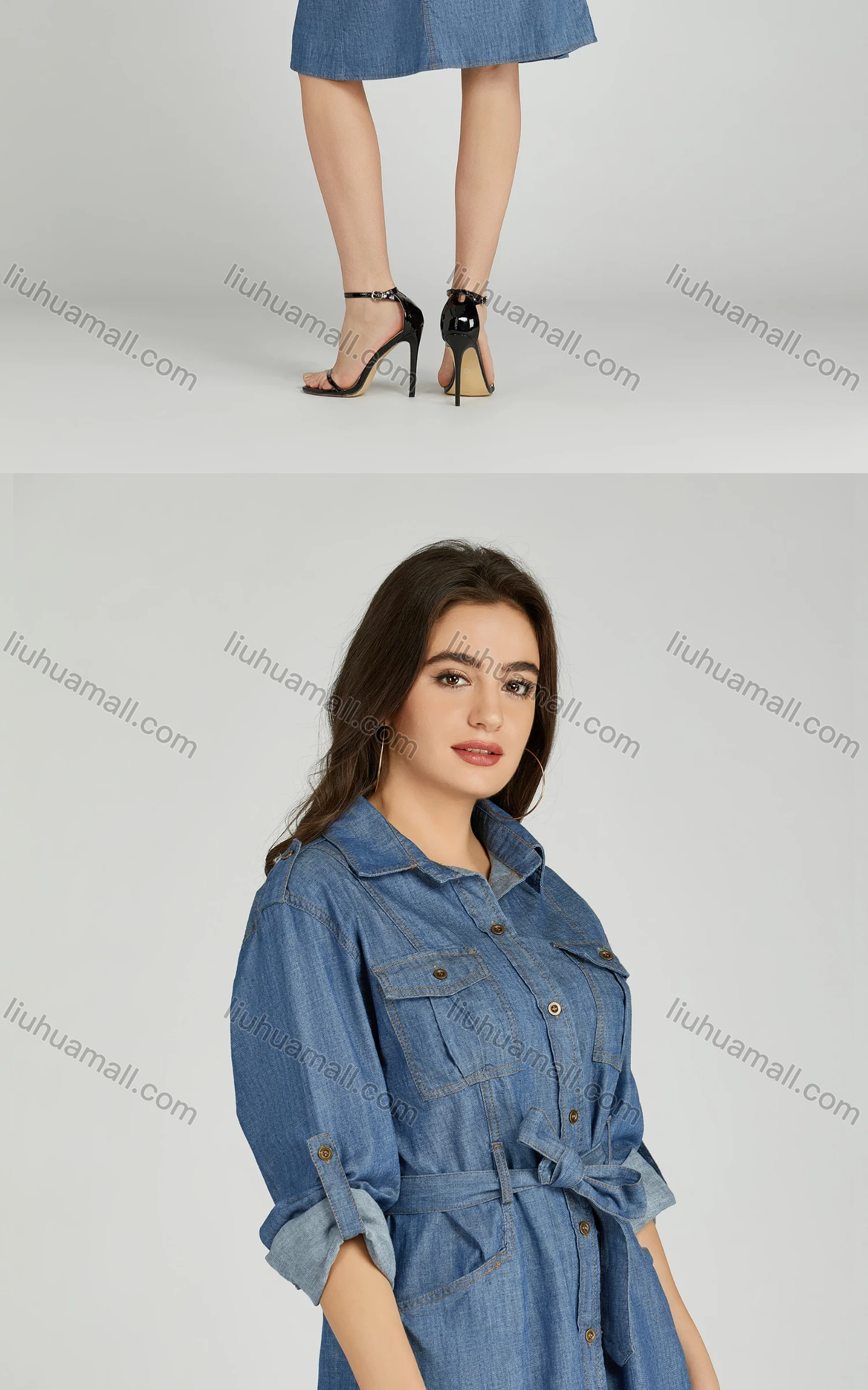 Wholesale Women's Casual Collared Lace Up Shirt Sleeve Denim Shirt Dress - Liuhuamall