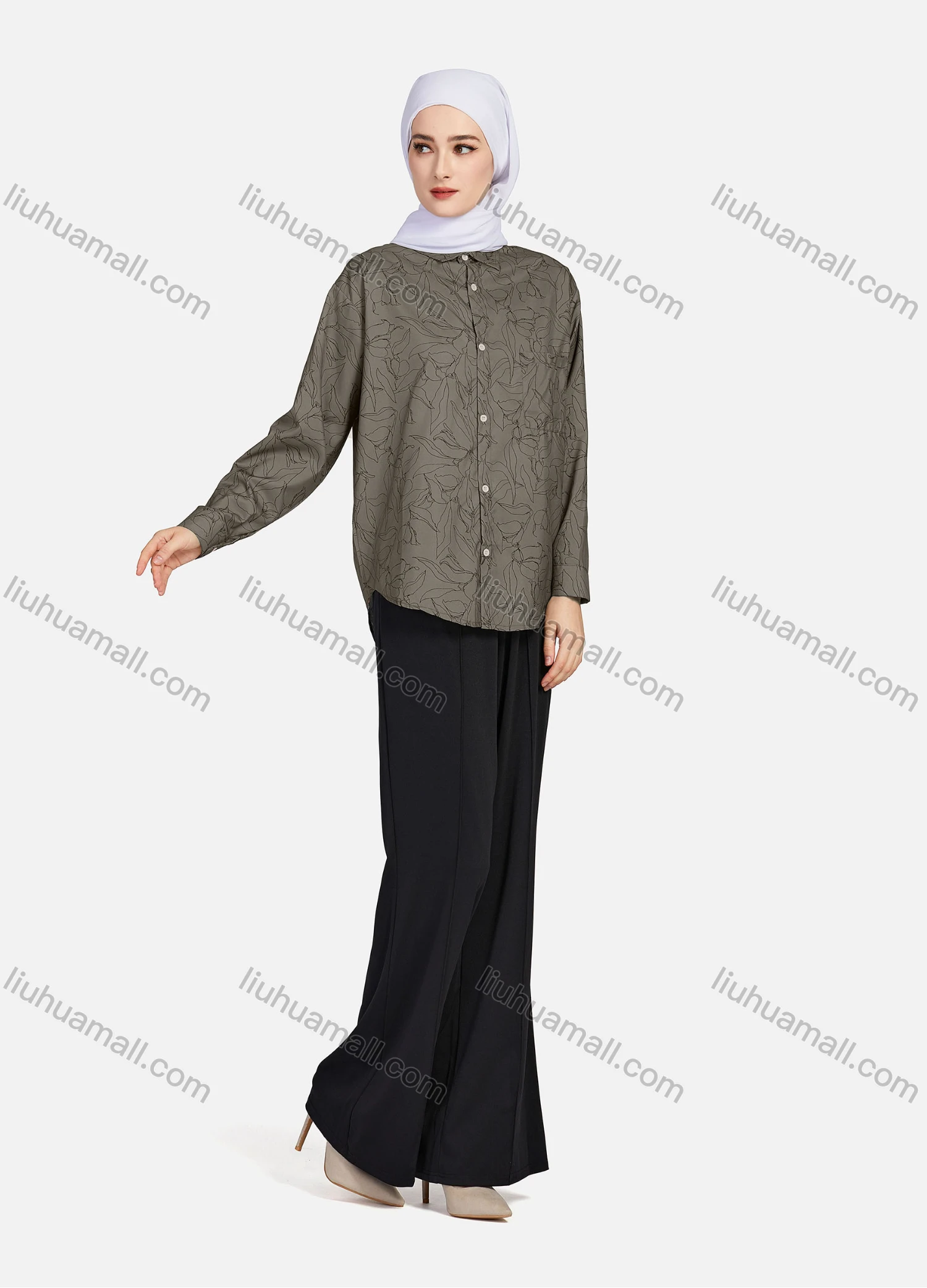 Wholesale Women's Casual Allover Print Patch Pockets Long Sleeve Curved Hem Shirt 1292# - Liuhuamall