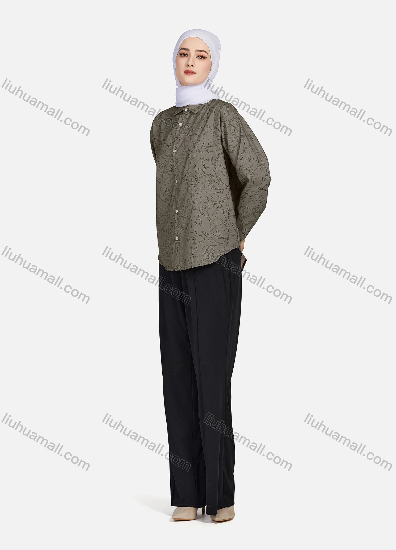 Wholesale Women's Casual Allover Print Patch Pockets Long Sleeve Curved Hem Shirt 1292# - Liuhuamall