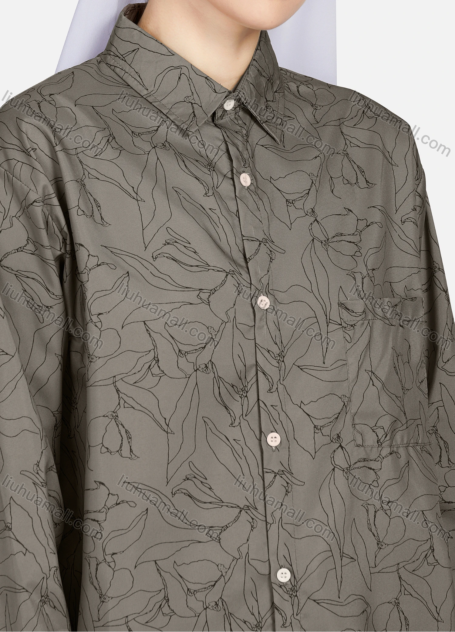 Wholesale Women's Casual Allover Print Patch Pockets Long Sleeve Curved Hem Shirt 1292# - Liuhuamall