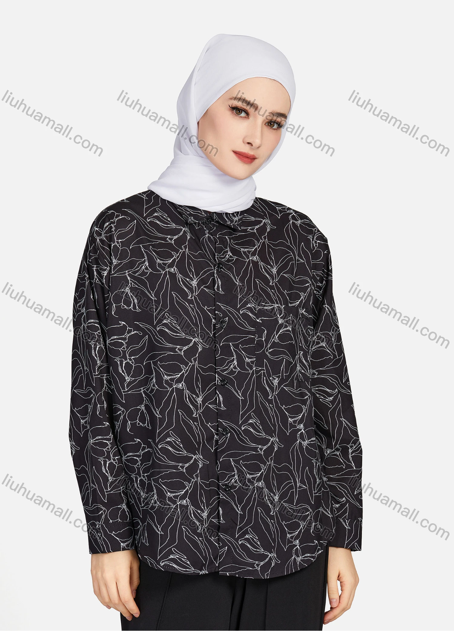 Wholesale Women's Casual Allover Print Patch Pockets Long Sleeve Curved Hem Shirt 1292# - Liuhuamall