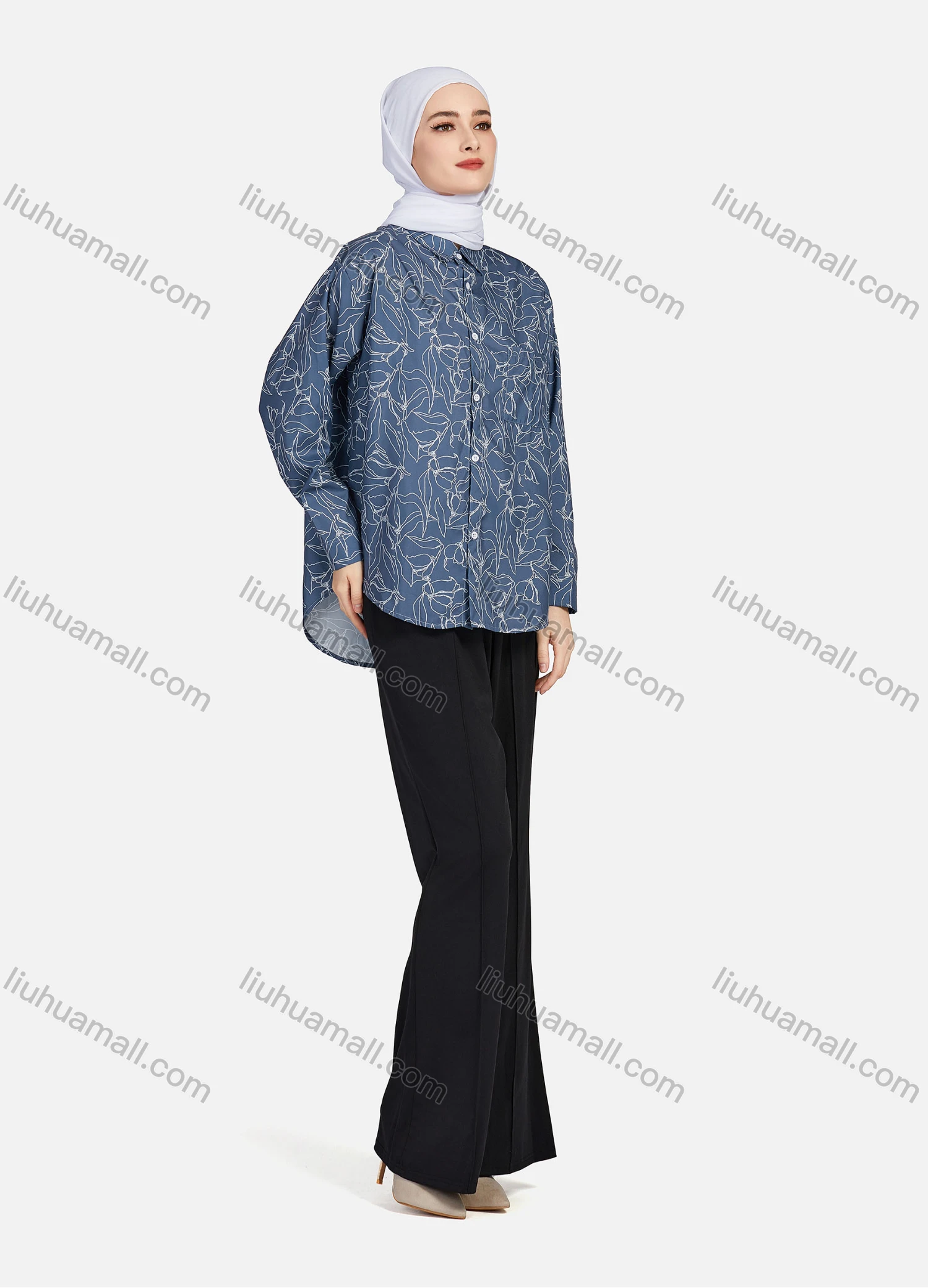 Wholesale Women's Casual Allover Print Patch Pockets Long Sleeve Curved Hem Shirt 1292# - Liuhuamall