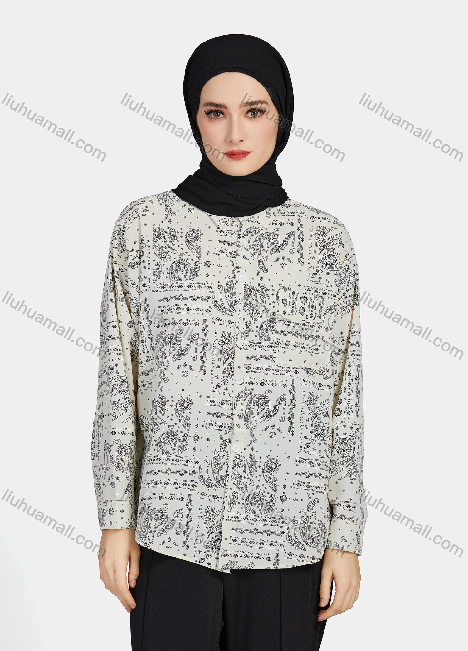 Wholesale Women's Casual Allover Paisley Print Patch Pockets Long Sleeve Button Down Shirt 1293# - Liuhuamall