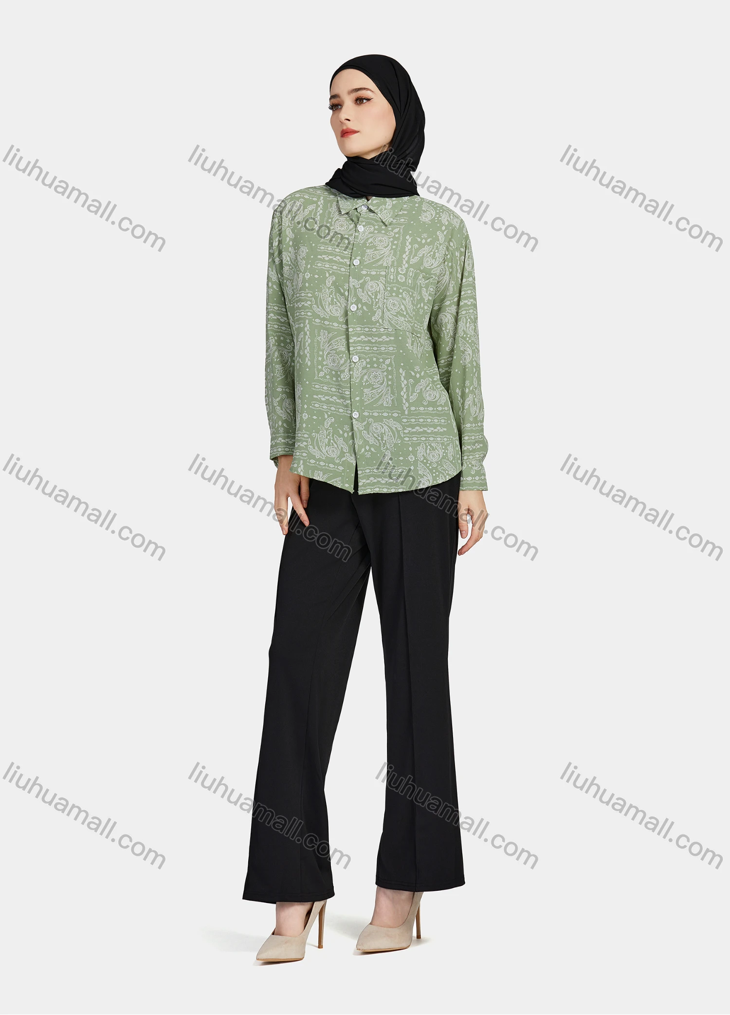 Wholesale Women's Casual Allover Paisley Print Patch Pockets Long Sleeve Button Down Shirt 1293# - Liuhuamall